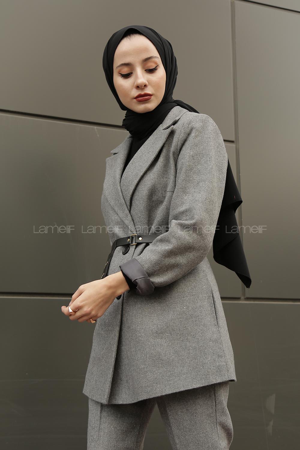 Modalamelif Çanta Detaylı Kaşe Ceket  Gri