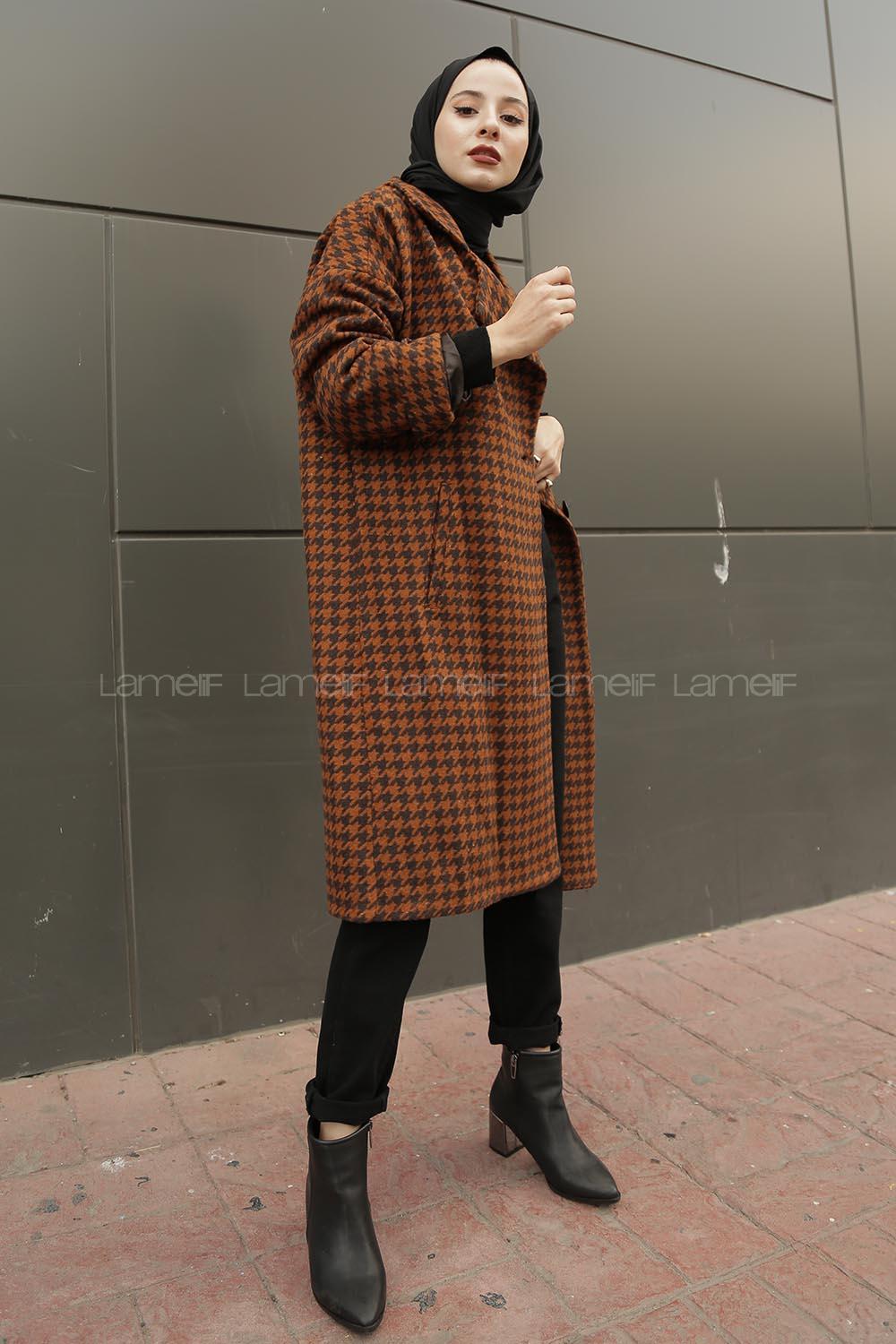 Modalamelif Düşük Kol Kazayağı Desen Kaban Tarçın