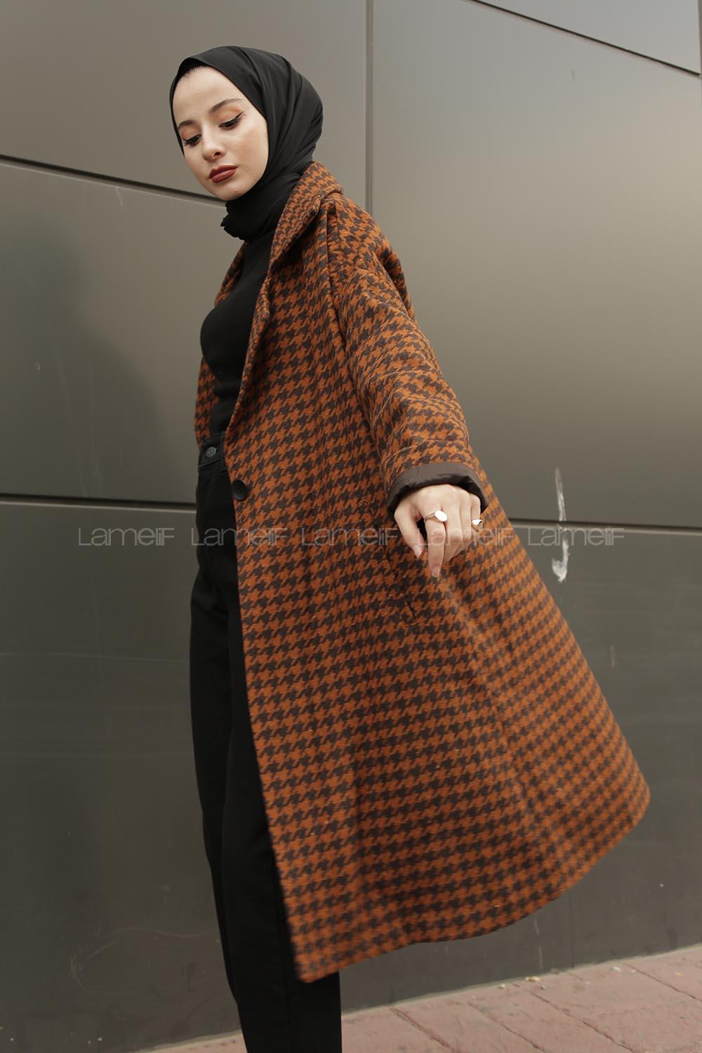 Modalamelif Düşük Kol Kazayağı Desen Kaban Tarçın