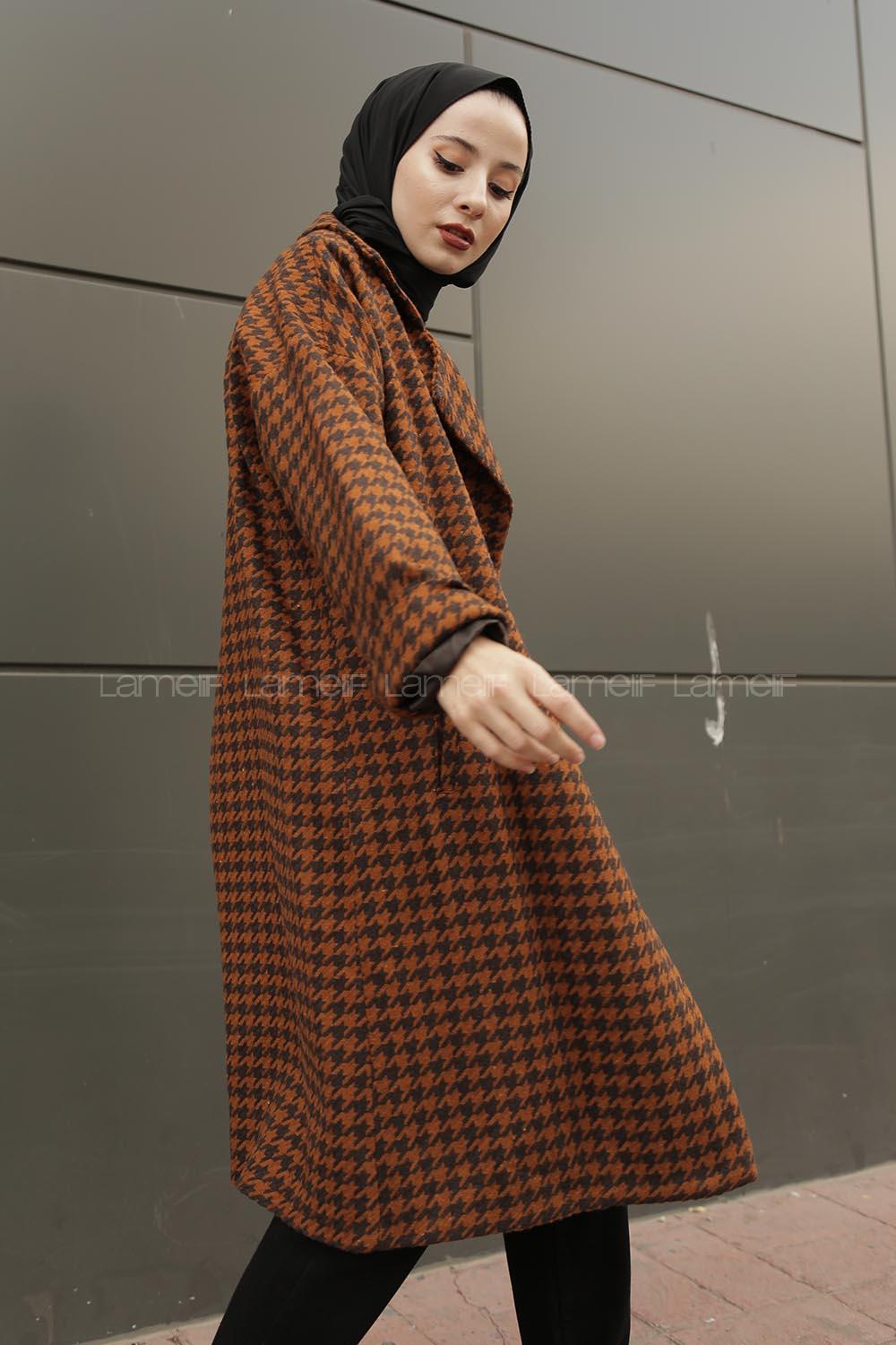 Modalamelif Düşük Kol Kazayağı Desen Kaban Tarçın