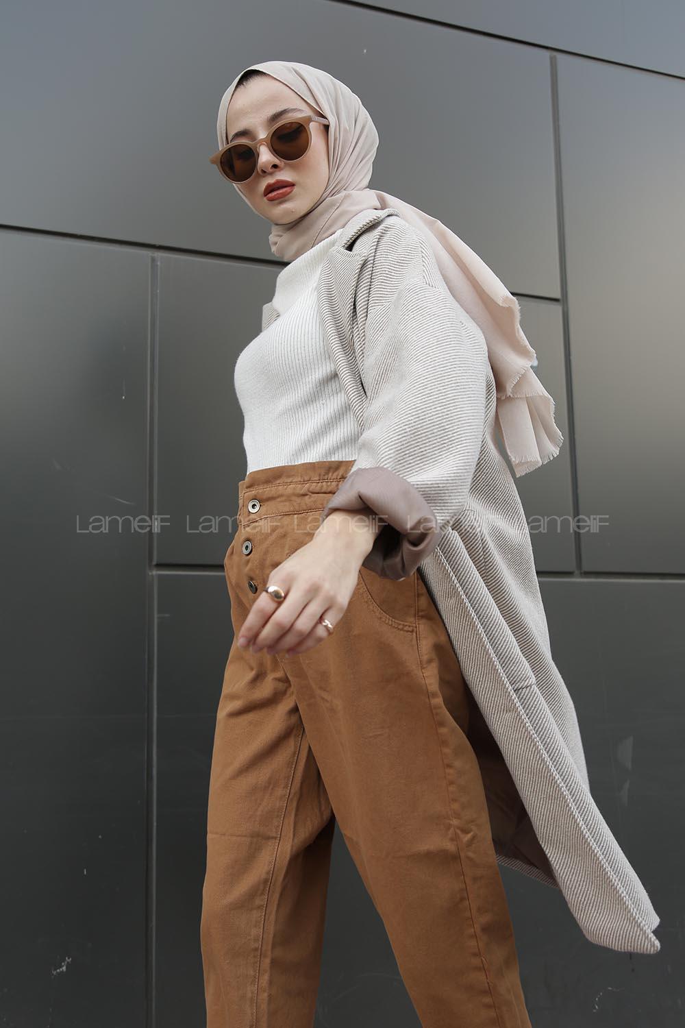 Modalamelif Düşük Kol Uzun Kaban Bej