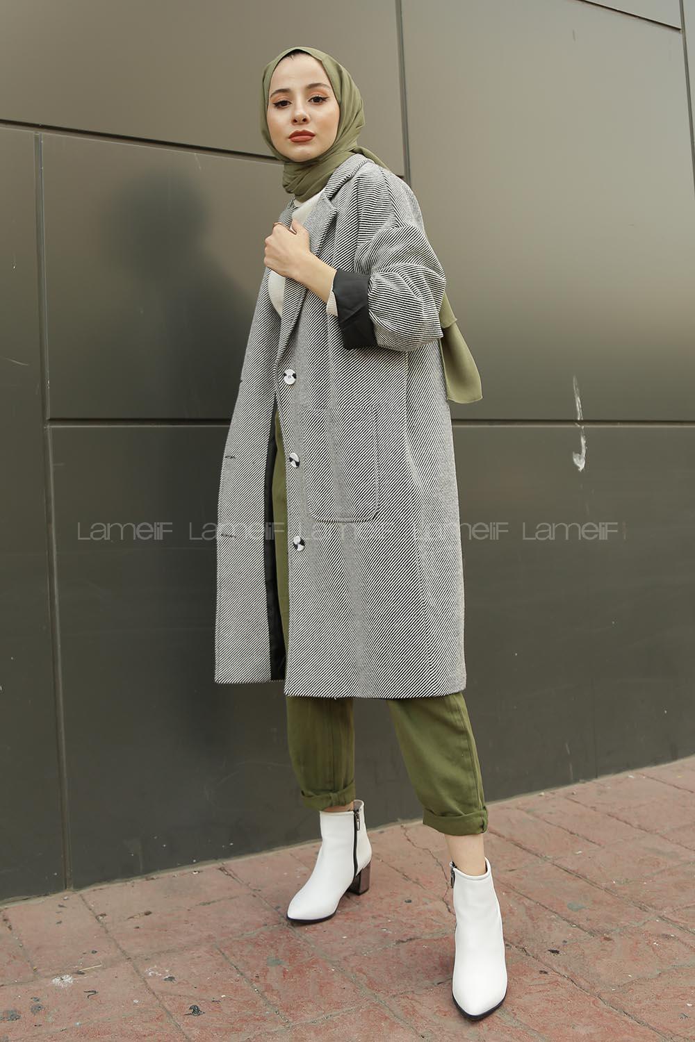 Modalamelif Düşük Kol Uzun Kaban Gri