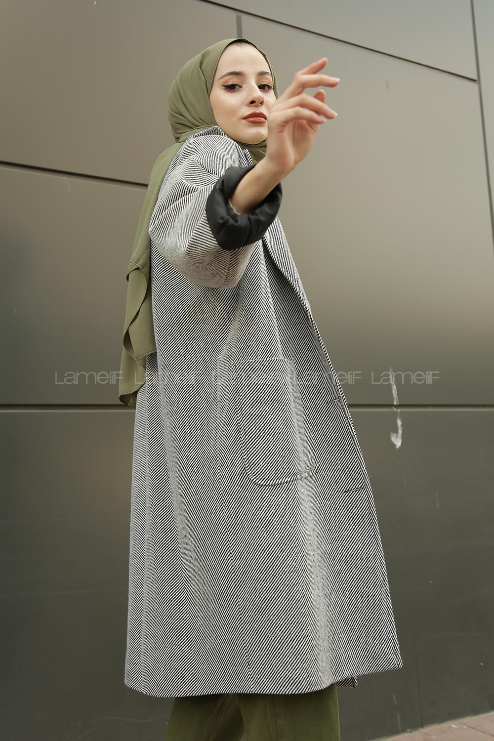 Modalamelif Düşük Kol Uzun Kaban Gri