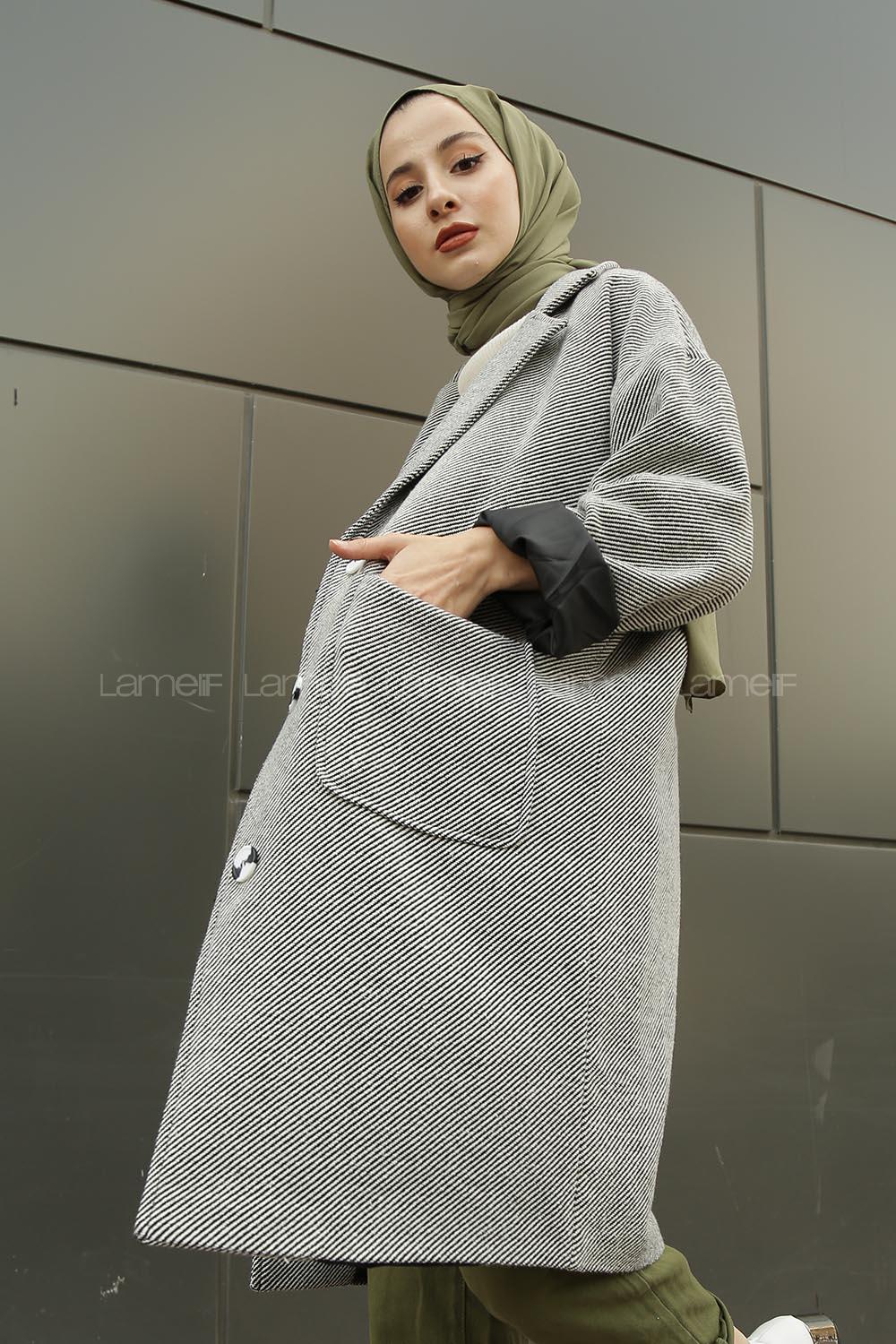 Modalamelif Düşük Kol Uzun Kaban Gri