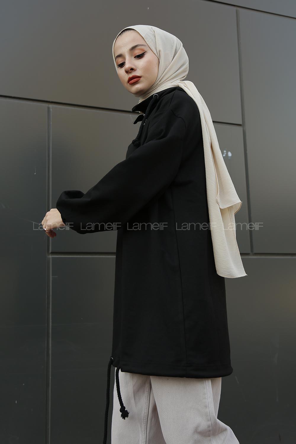 Modalamelif Kanguru Cepli Yaka Fermuarlı Charlott  Sweat Siyah