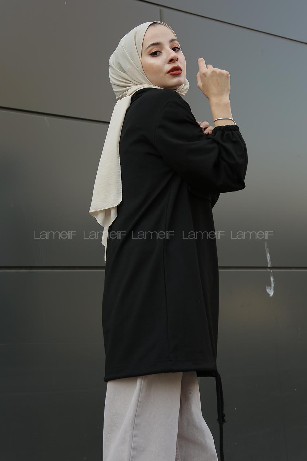 Modalamelif Kanguru Cepli Yaka Fermuarlı Charlott  Sweat Siyah