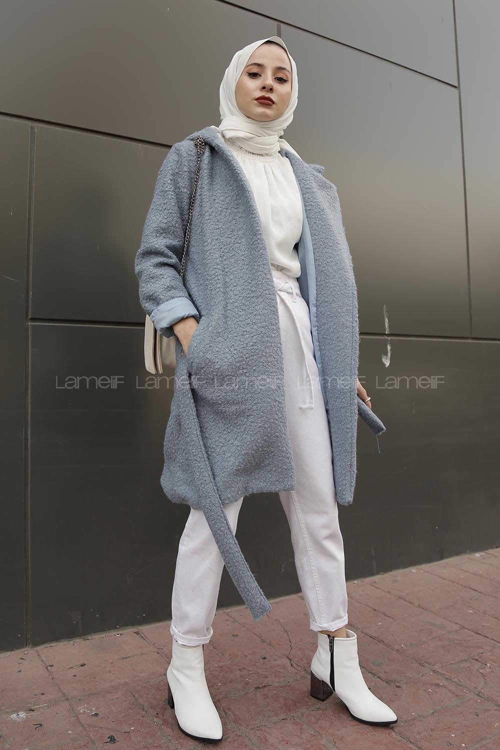 Modalamelif Kapşonlu Belden Bağlamalı  Bergamo Kaban Açık Mavi