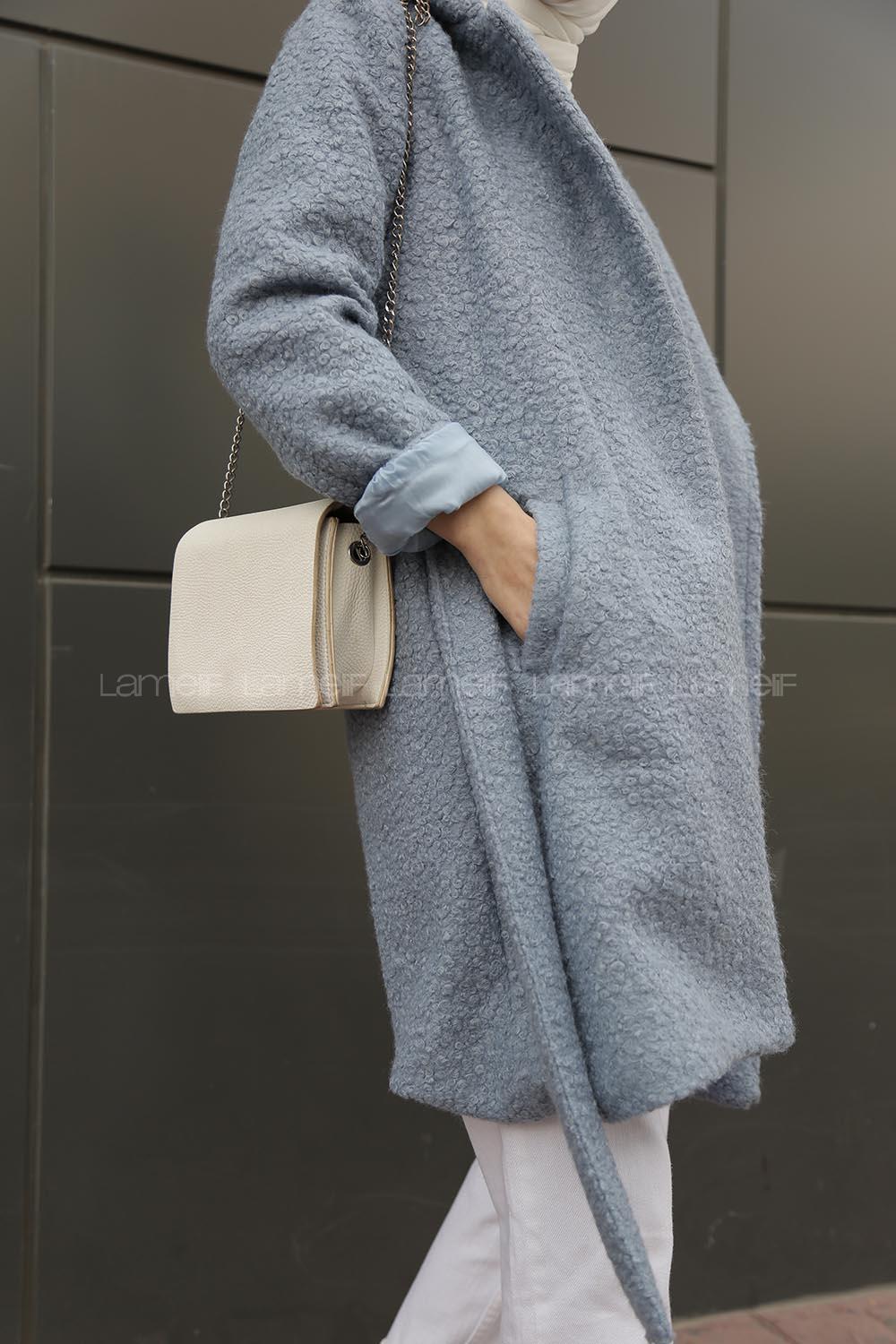 Modalamelif Kapşonlu Belden Bağlamalı  Bergamo Kaban Açık Mavi