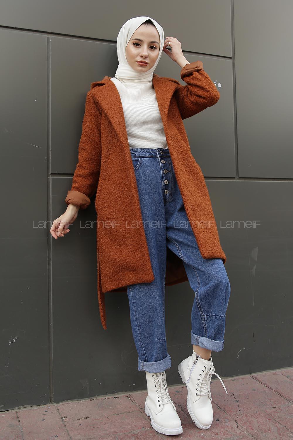 Modalamelif Kapşonlu Belden Bağlamalı  Bergamo Kaban Tarçın