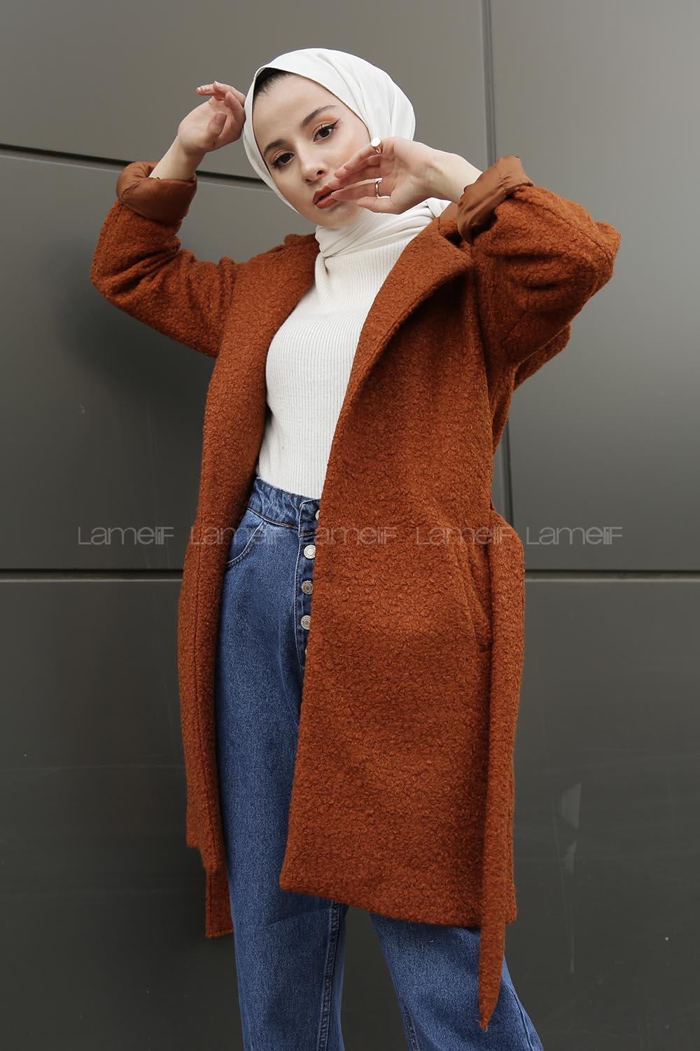 Modalamelif Kapşonlu Belden Bağlamalı  Bergamo Kaban Tarçın