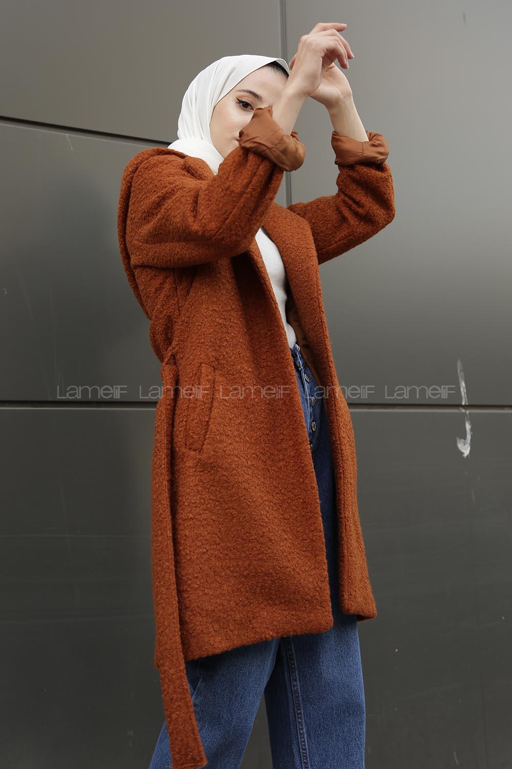 Modalamelif Kapşonlu Belden Bağlamalı  Bergamo Kaban Tarçın