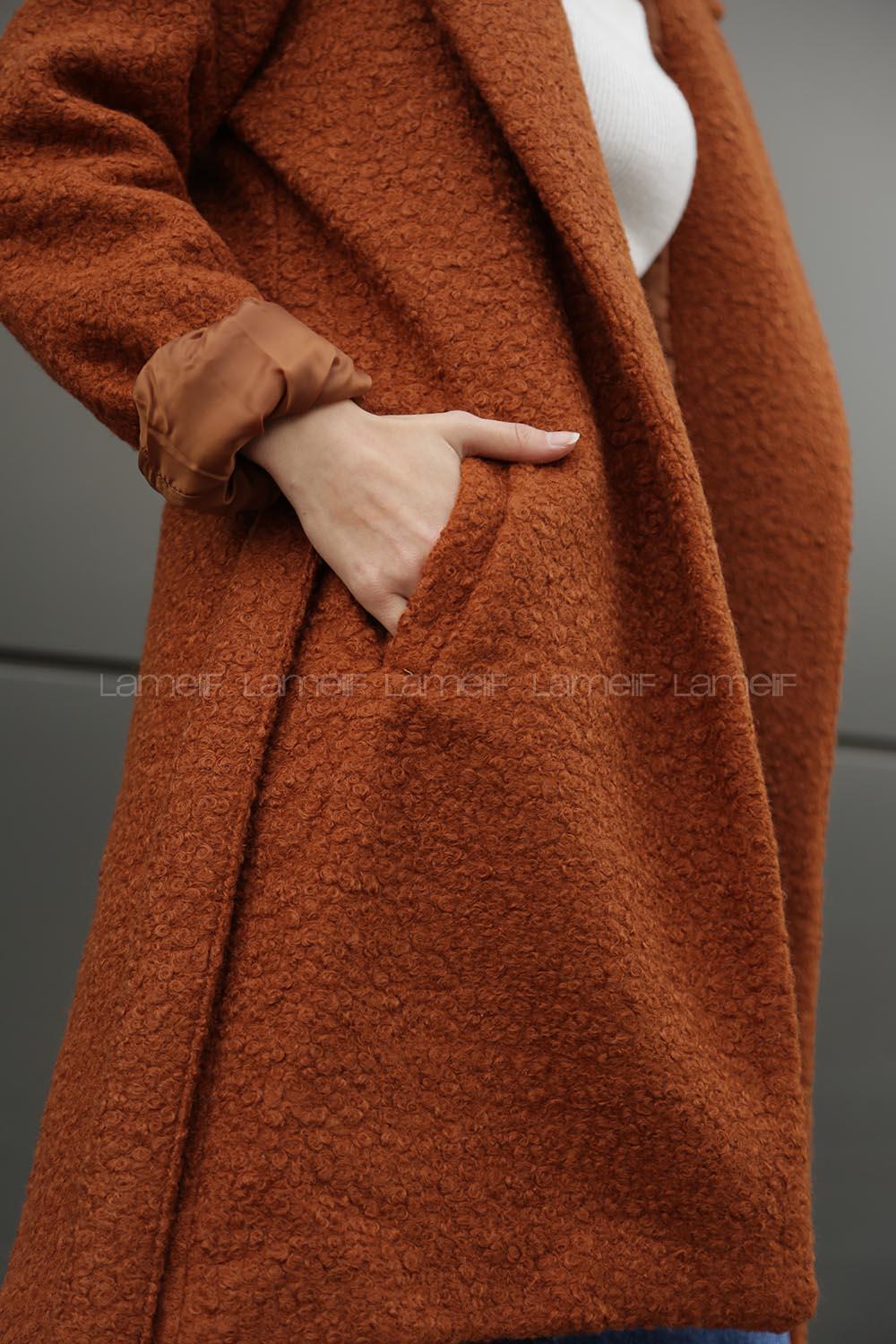 Modalamelif Kapşonlu Belden Bağlamalı  Bergamo Kaban Tarçın