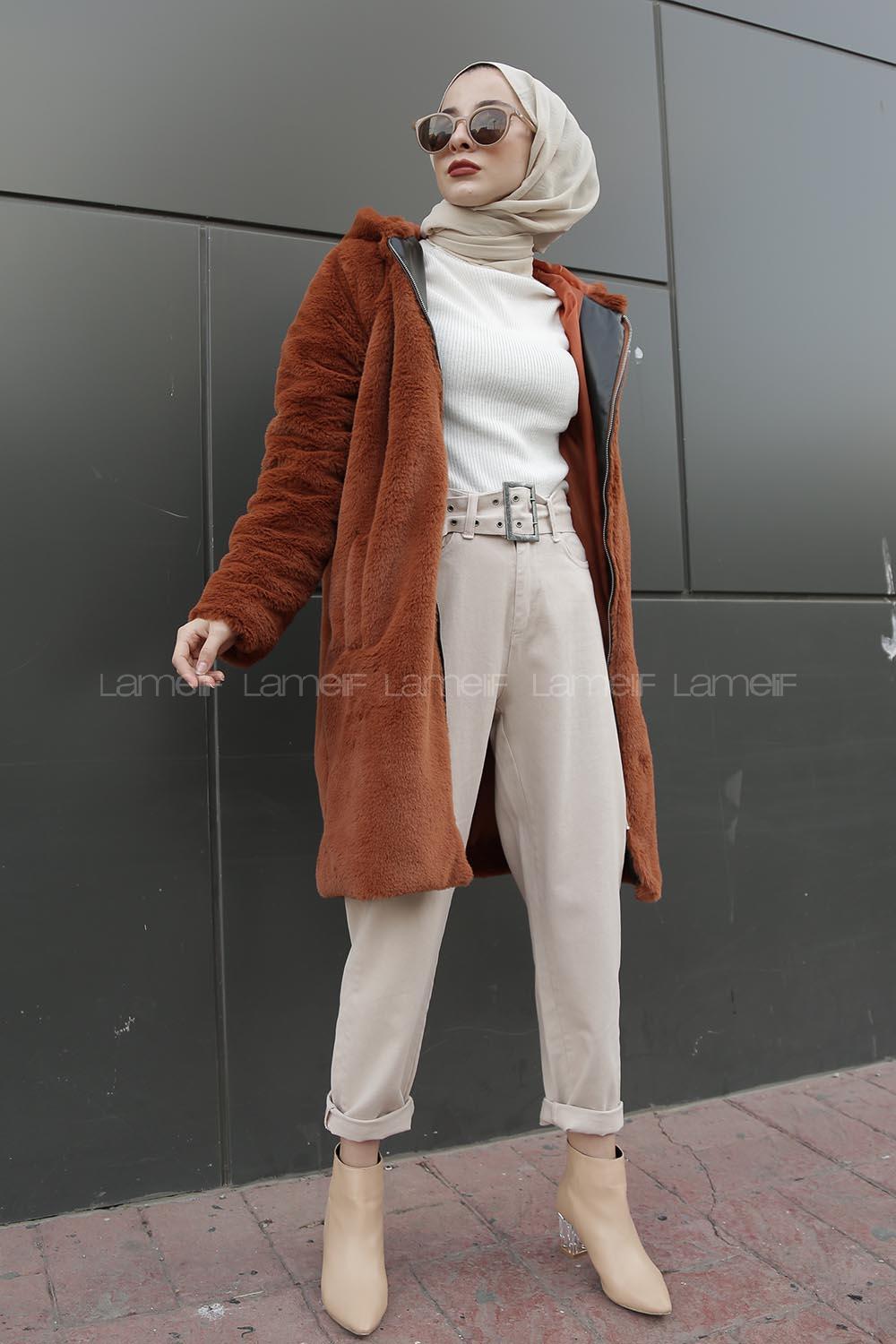 Modalamelif Kapşonlu Uzun Peluş Mont Tarçın