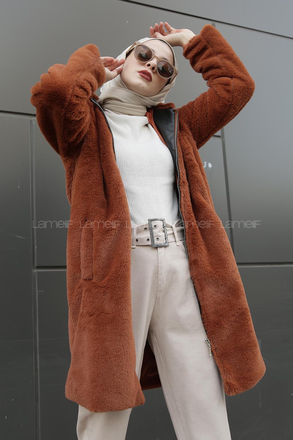 Modalamelif Kapşonlu Uzun Peluş Mont Tarçın