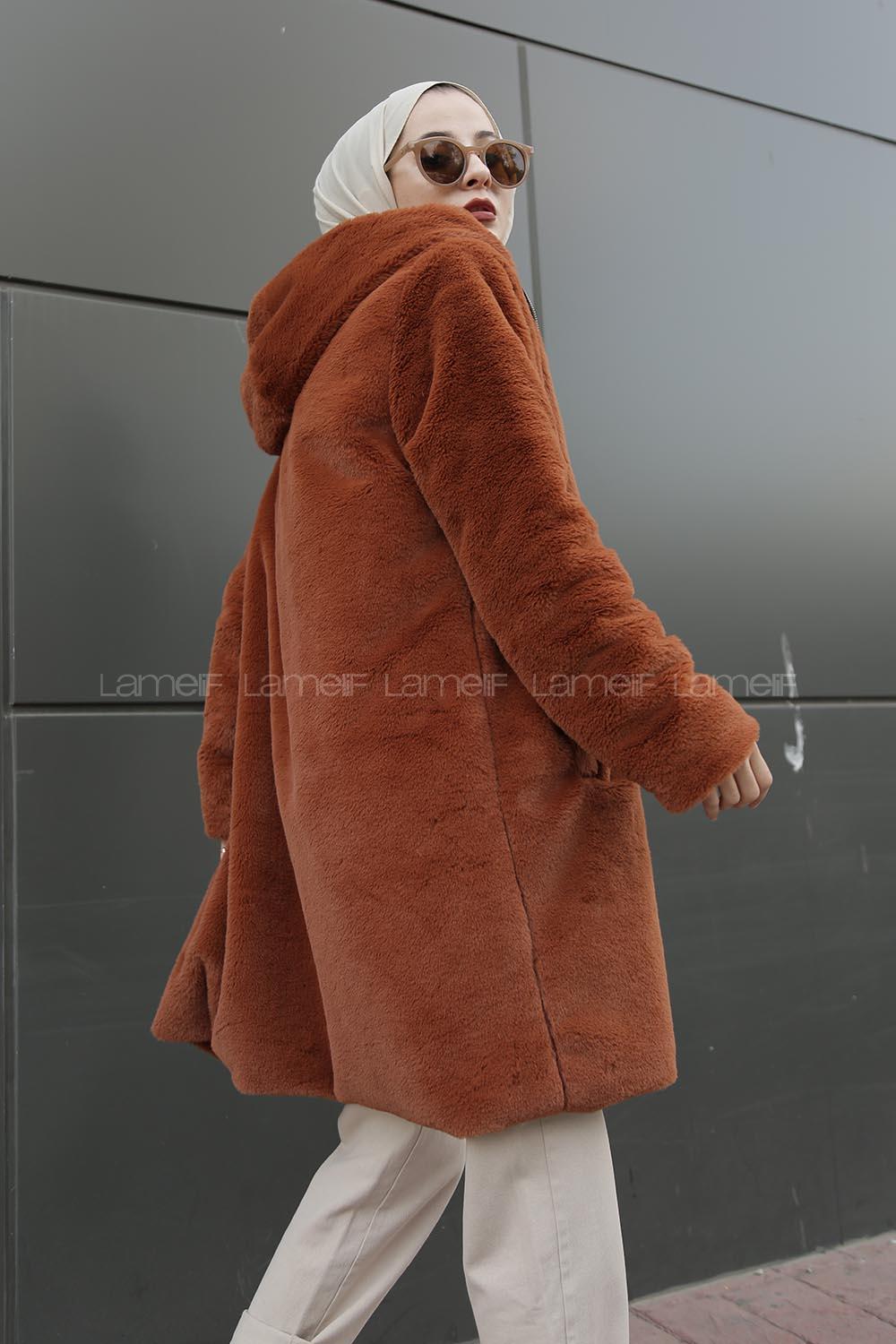 Modalamelif Kapşonlu Uzun Peluş Mont Tarçın