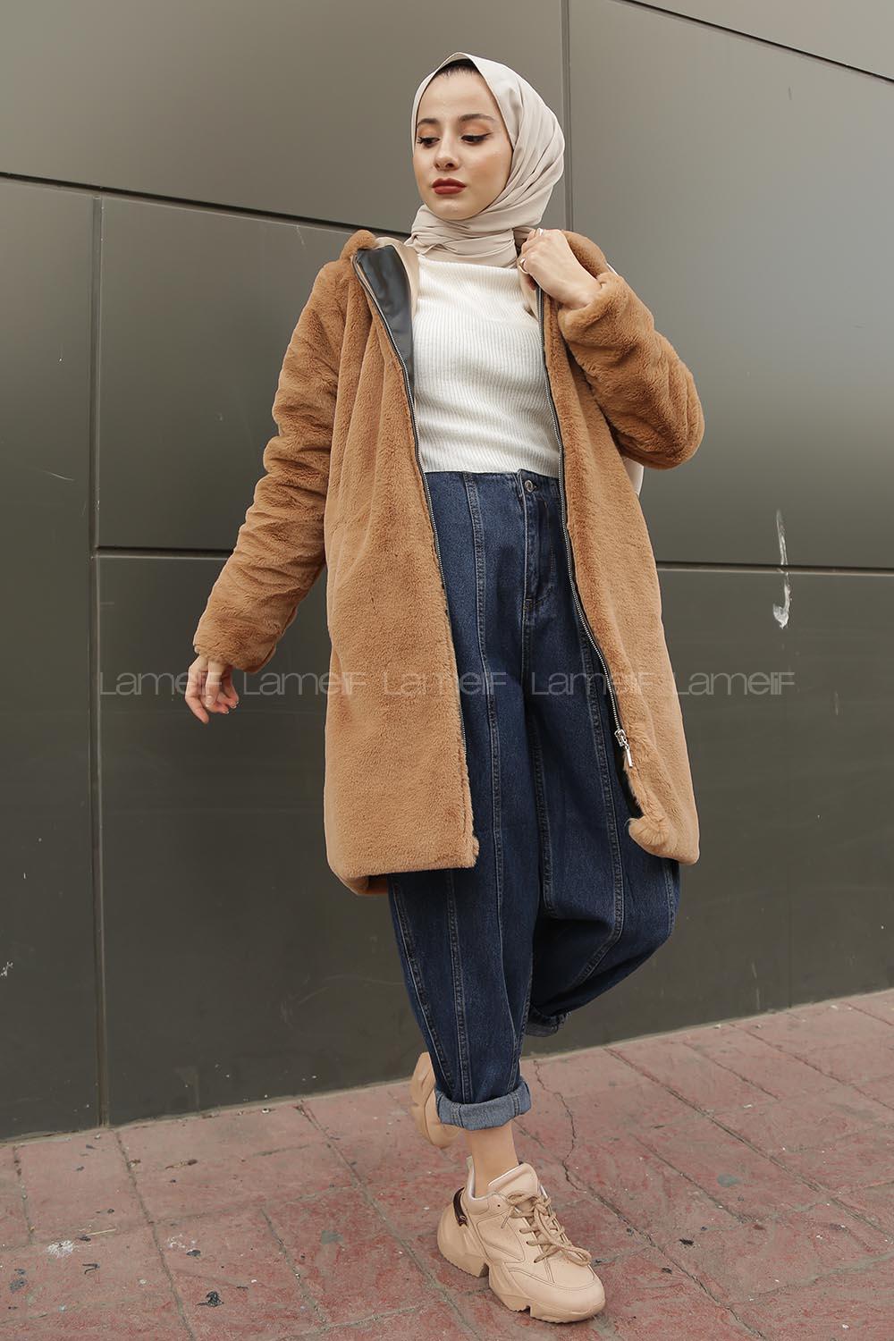 Modalamelif Kapşonlu Uzun Peluş Mont Vizonrengi