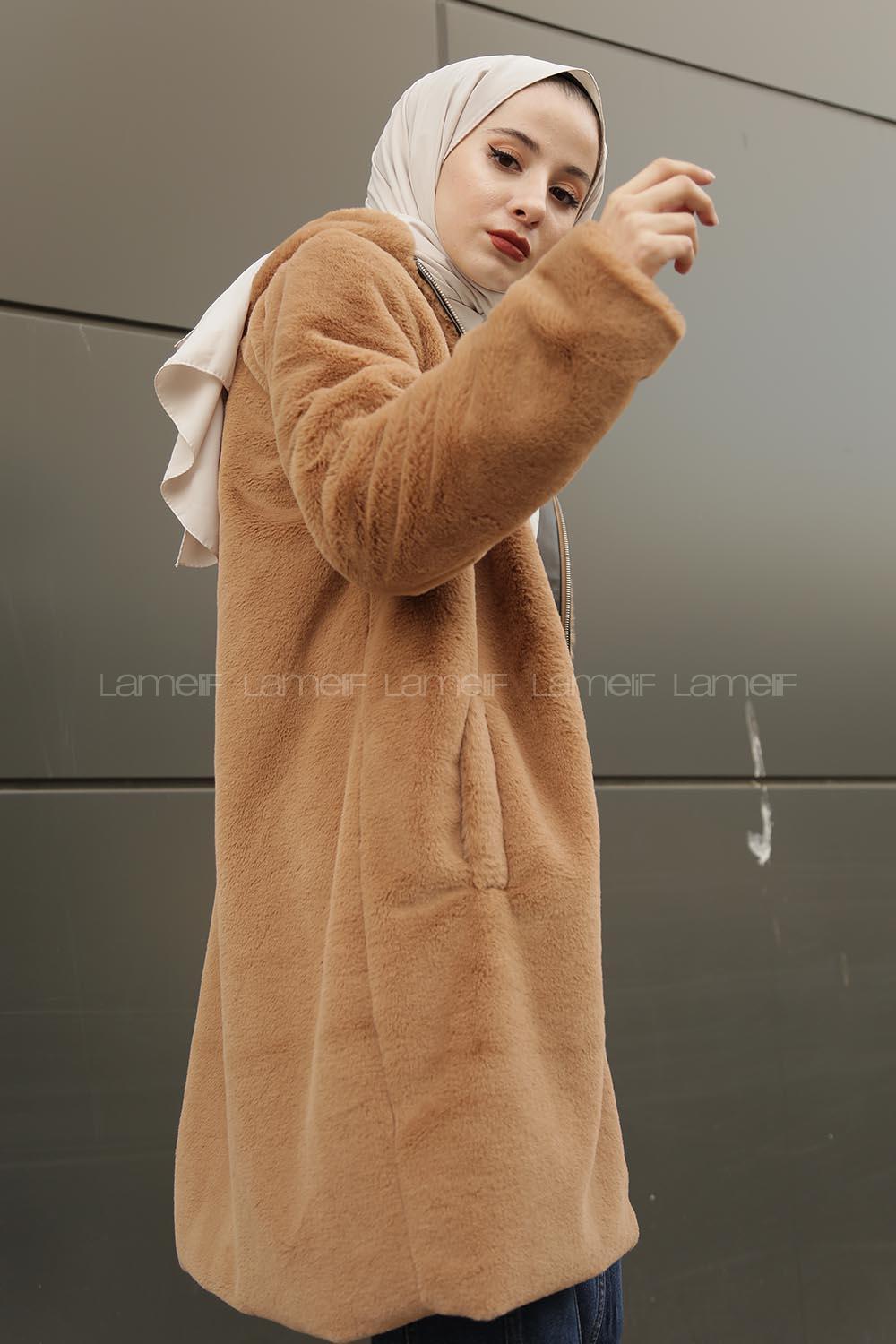 Modalamelif Kapşonlu Uzun Peluş Mont Vizonrengi