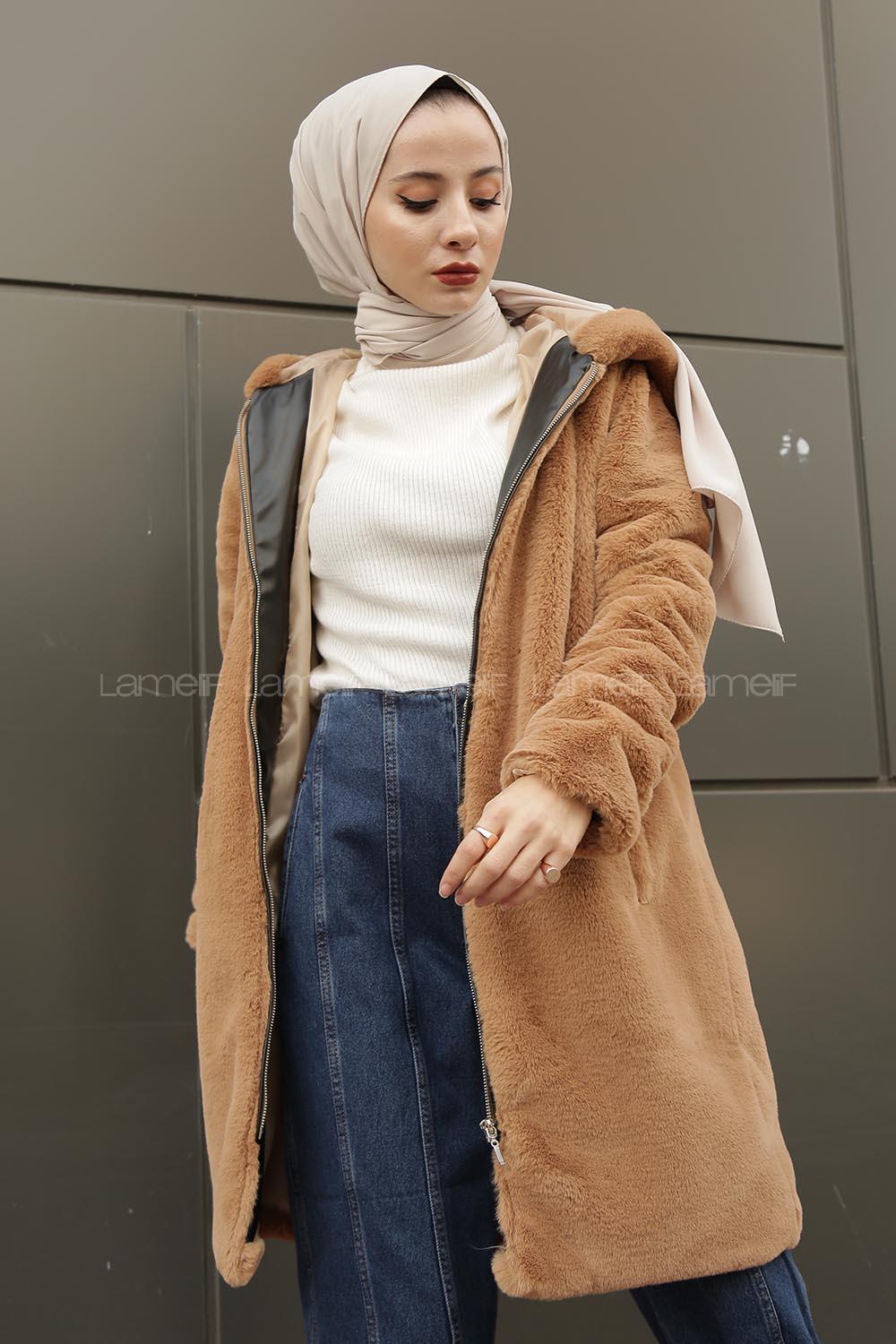 Modalamelif Kapşonlu Uzun Peluş Mont Vizonrengi