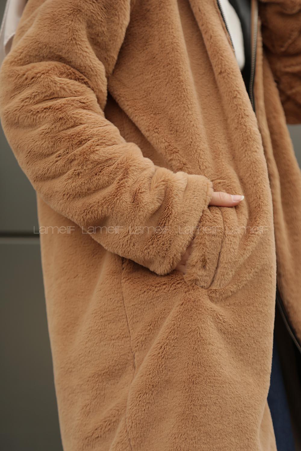 Modalamelif Kapşonlu Uzun Peluş Mont Vizonrengi