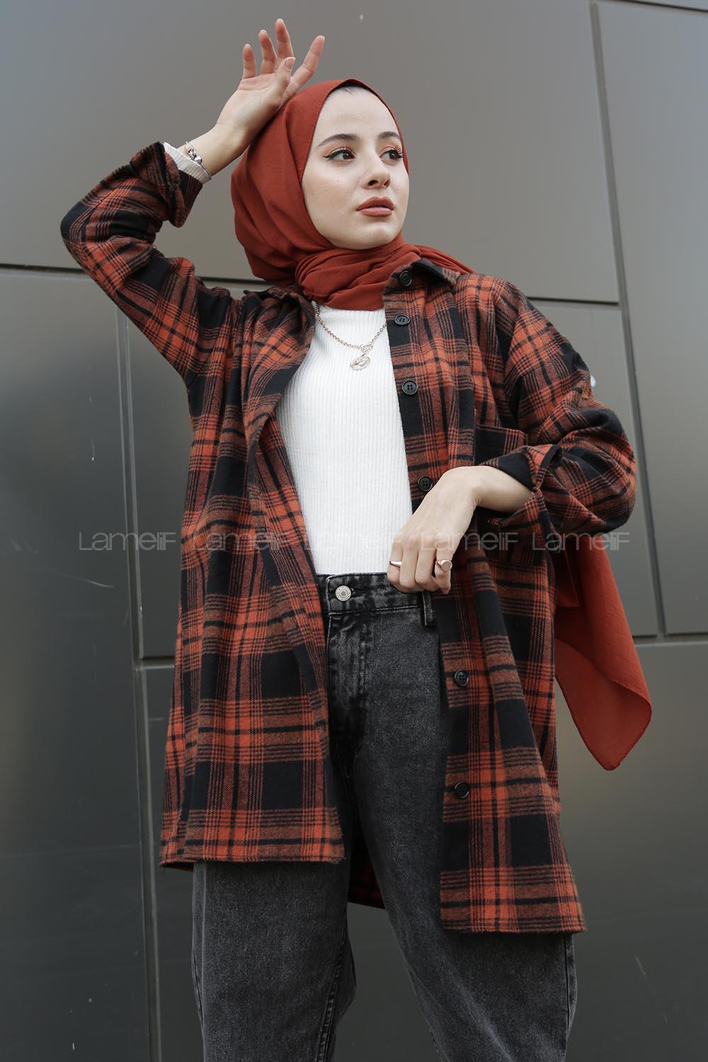 Modalamelif  Önü Düğmeli Oduncu Gömleği Açık Kiremit