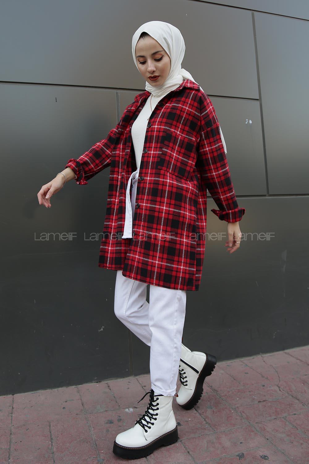 Modalamelif  Önü Düğmeli Oduncu Gömleği  Bordo Beyaz