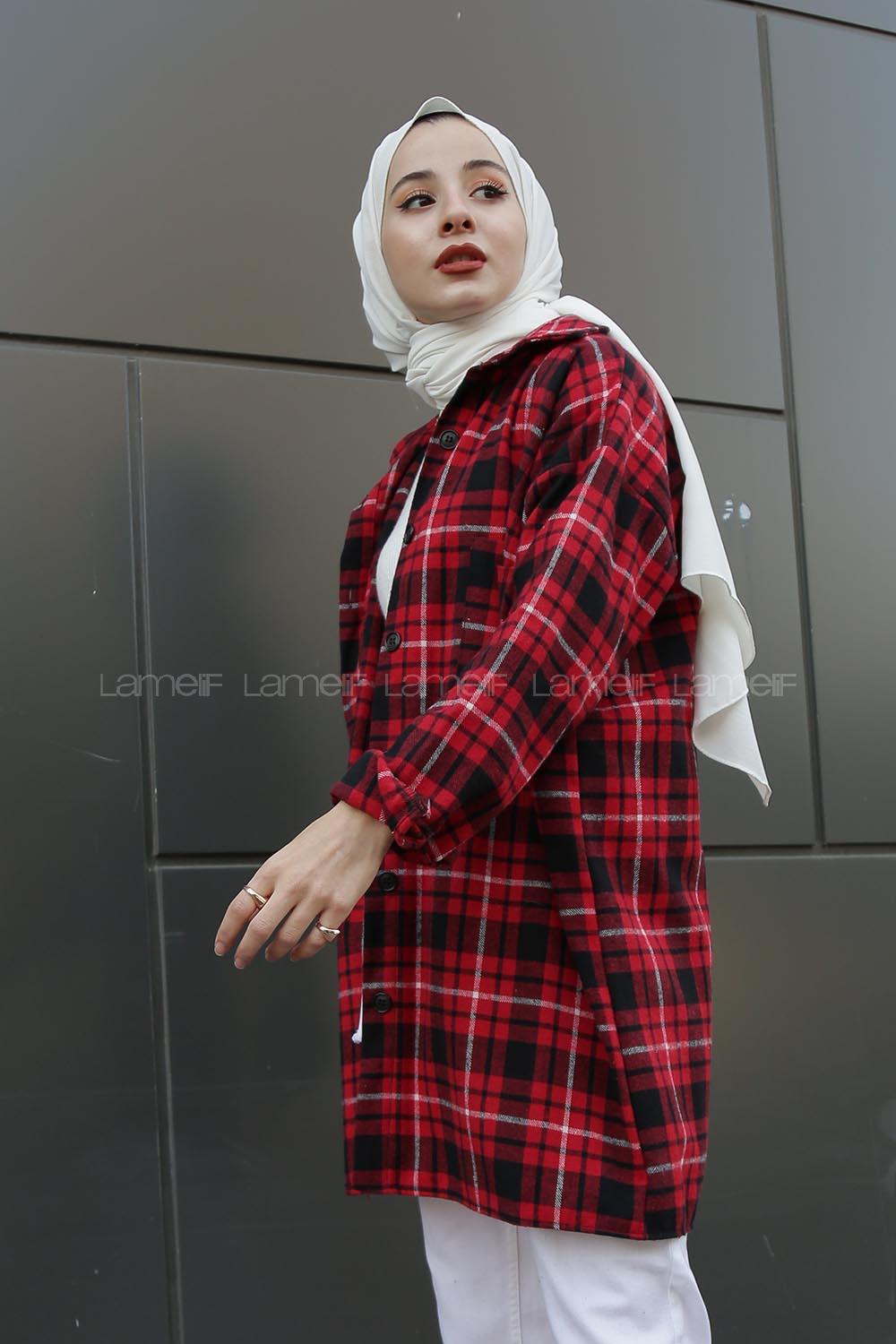 Modalamelif  Önü Düğmeli Oduncu Gömleği  Bordo Beyaz