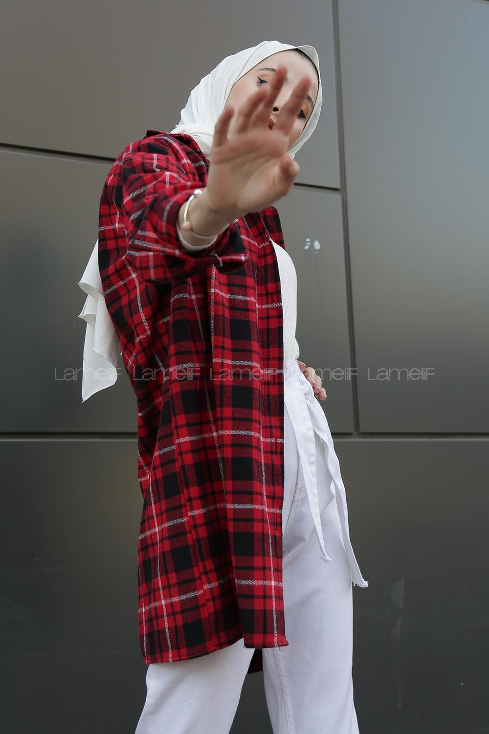 Modalamelif  Önü Düğmeli Oduncu Gömleği  Bordo Beyaz