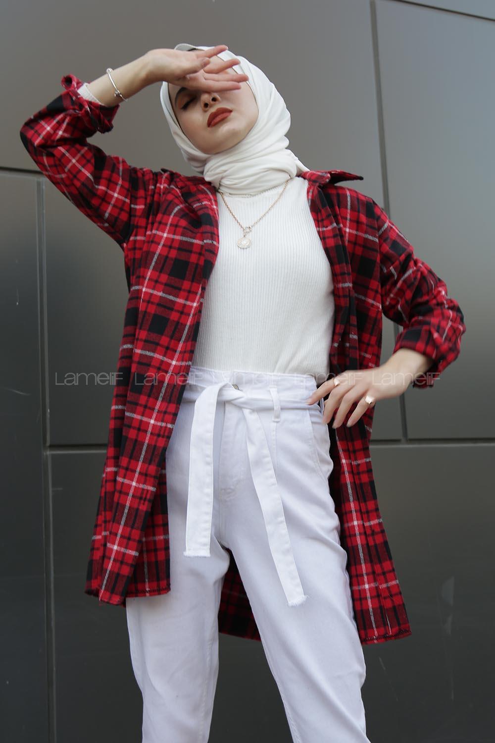 Modalamelif  Önü Düğmeli Oduncu Gömleği  Bordo Beyaz