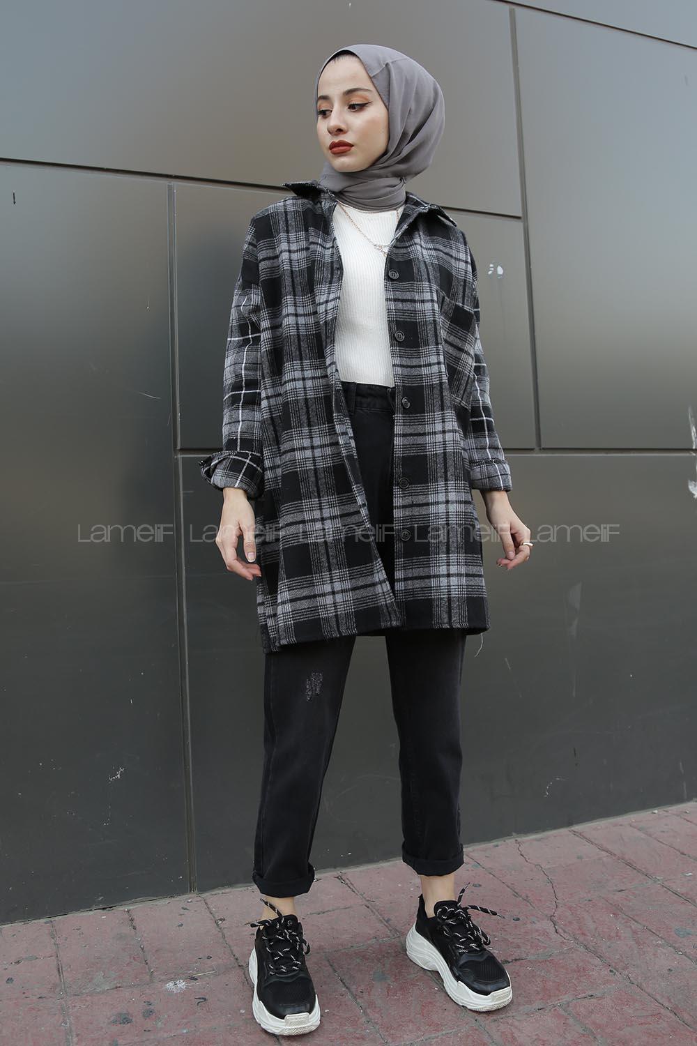 Modalamelif  Önü Düğmeli Oduncu Gömleği Gri Siyah