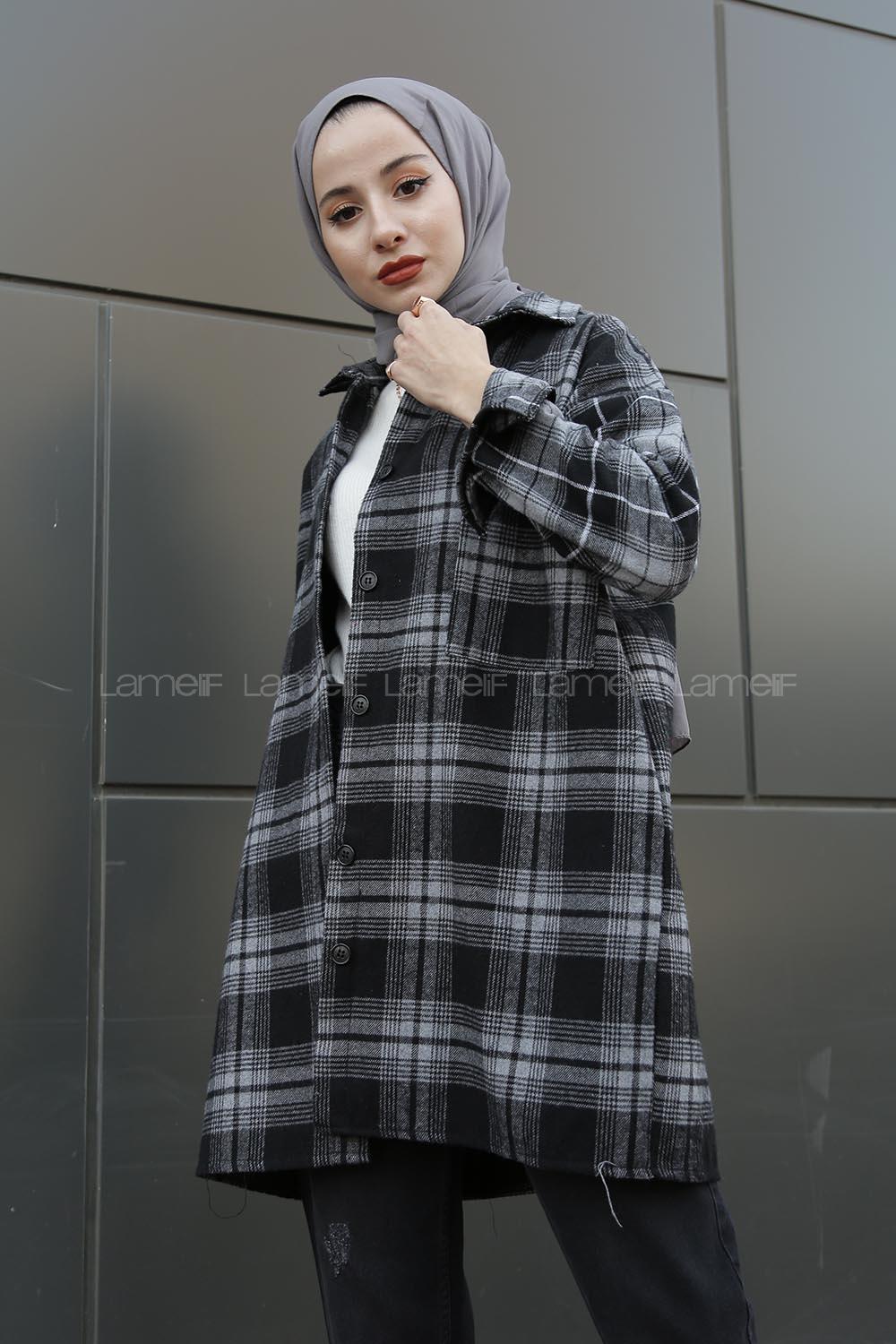 Modalamelif  Önü Düğmeli Oduncu Gömleği Gri Siyah