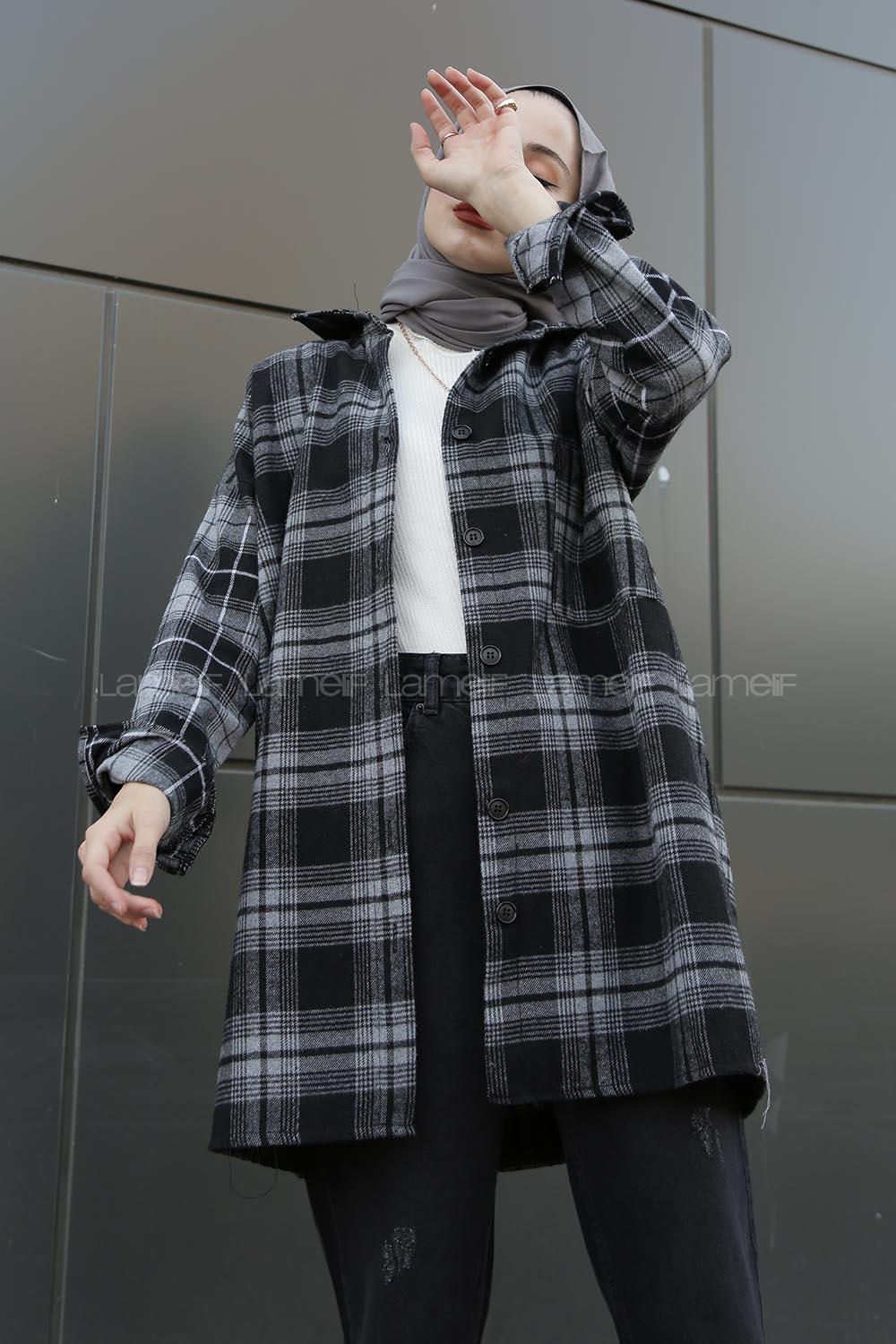 Modalamelif  Önü Düğmeli Oduncu Gömleği Gri Siyah