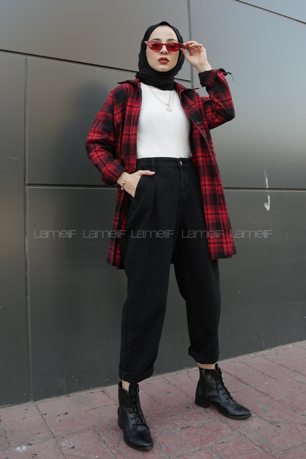 Modalamelif  Önü Düğmeli Oduncu Gömleği  Siyah bordo