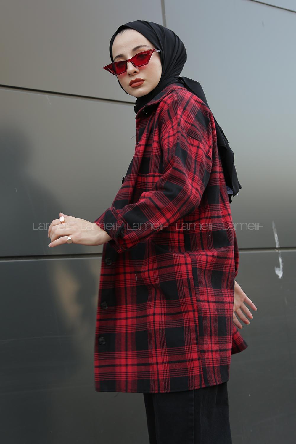 Modalamelif  Önü Düğmeli Oduncu Gömleği  Siyah bordo