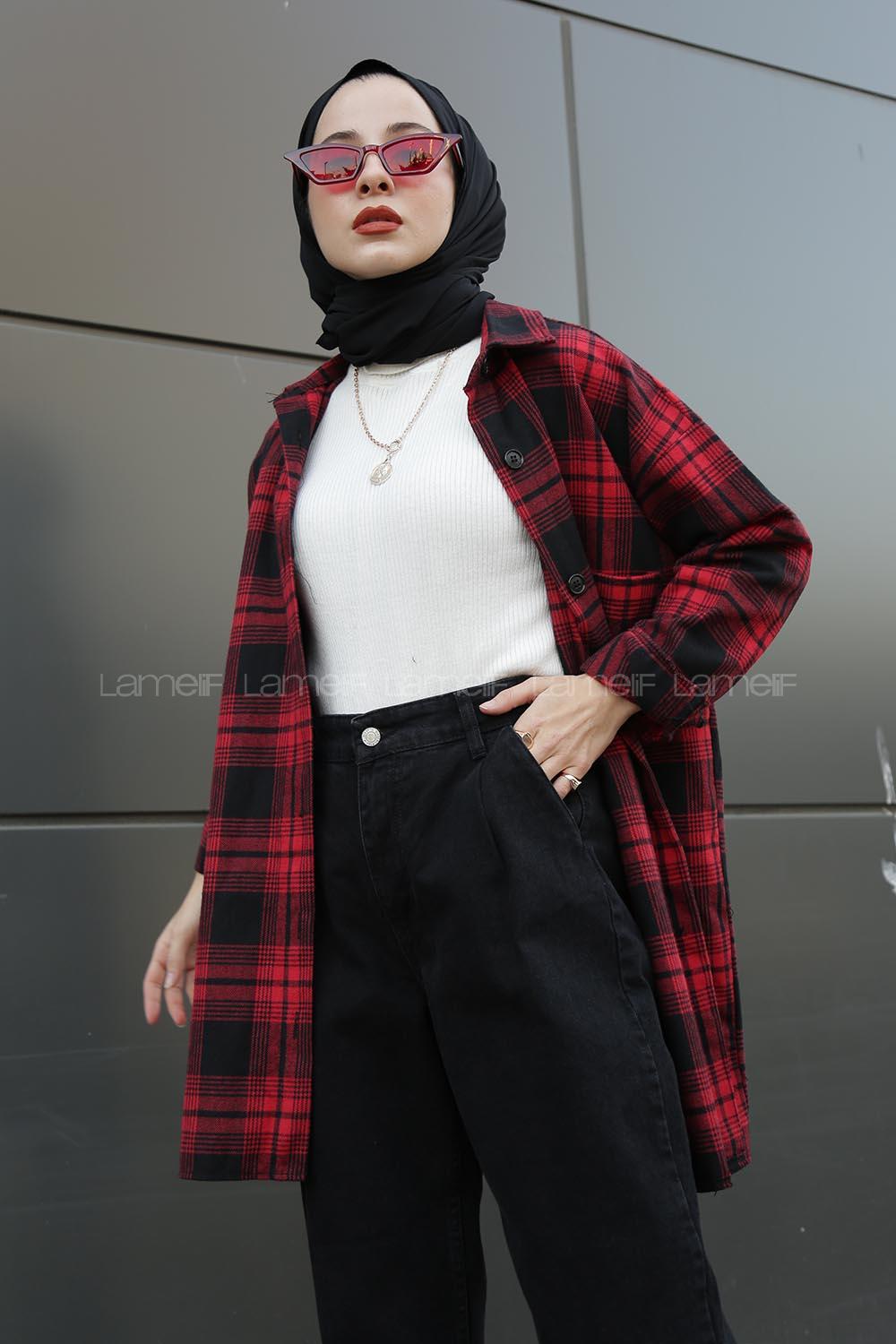 Modalamelif  Önü Düğmeli Oduncu Gömleği  Siyah bordo