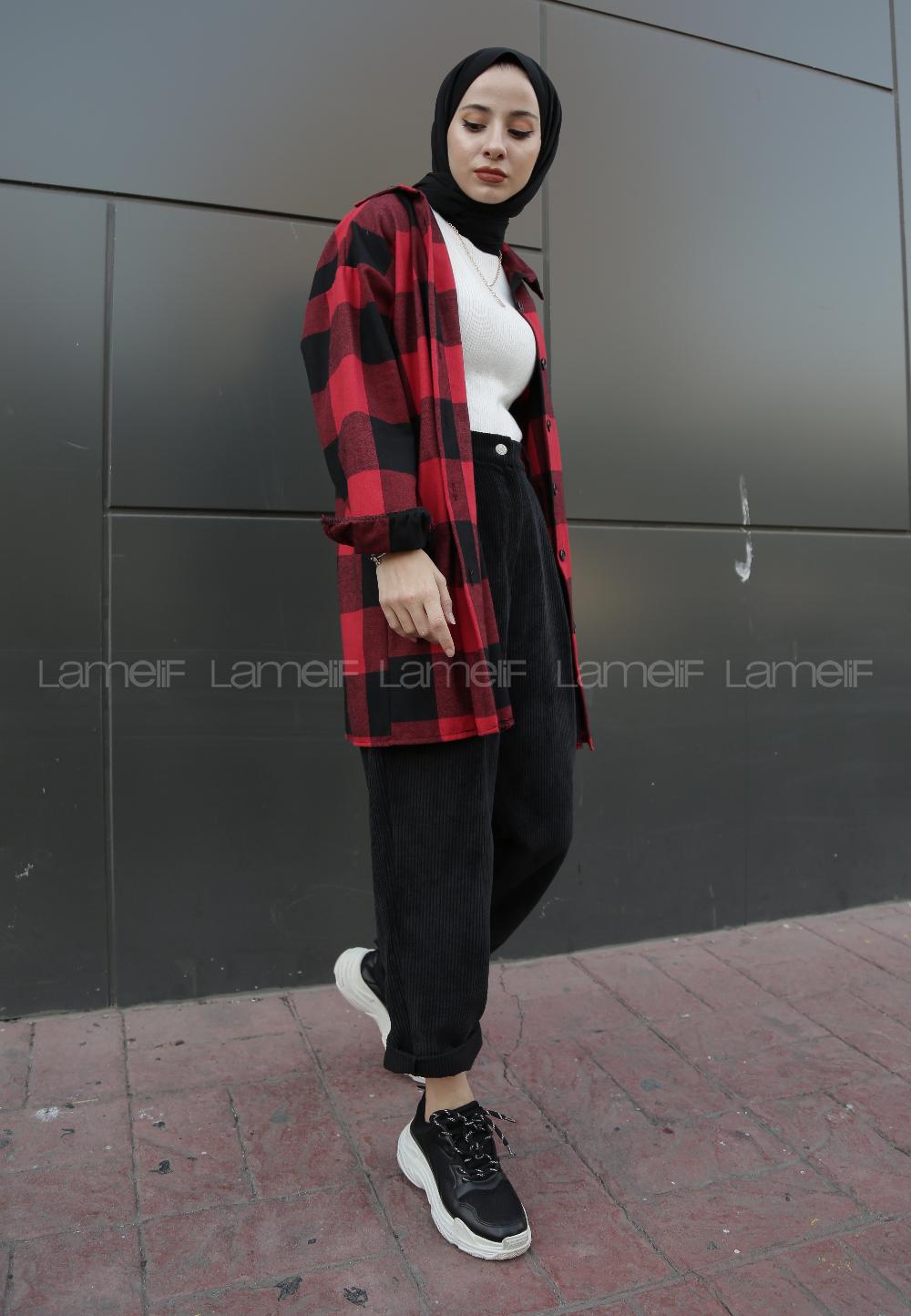 Modalamelif  Önü Düğmeli Oduncu Gömleği Kırmızı Siyah