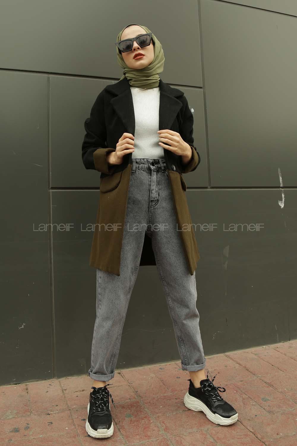 Modalamelif Çif Renk Boyfirend Kaşe Ceket Siyah Haki