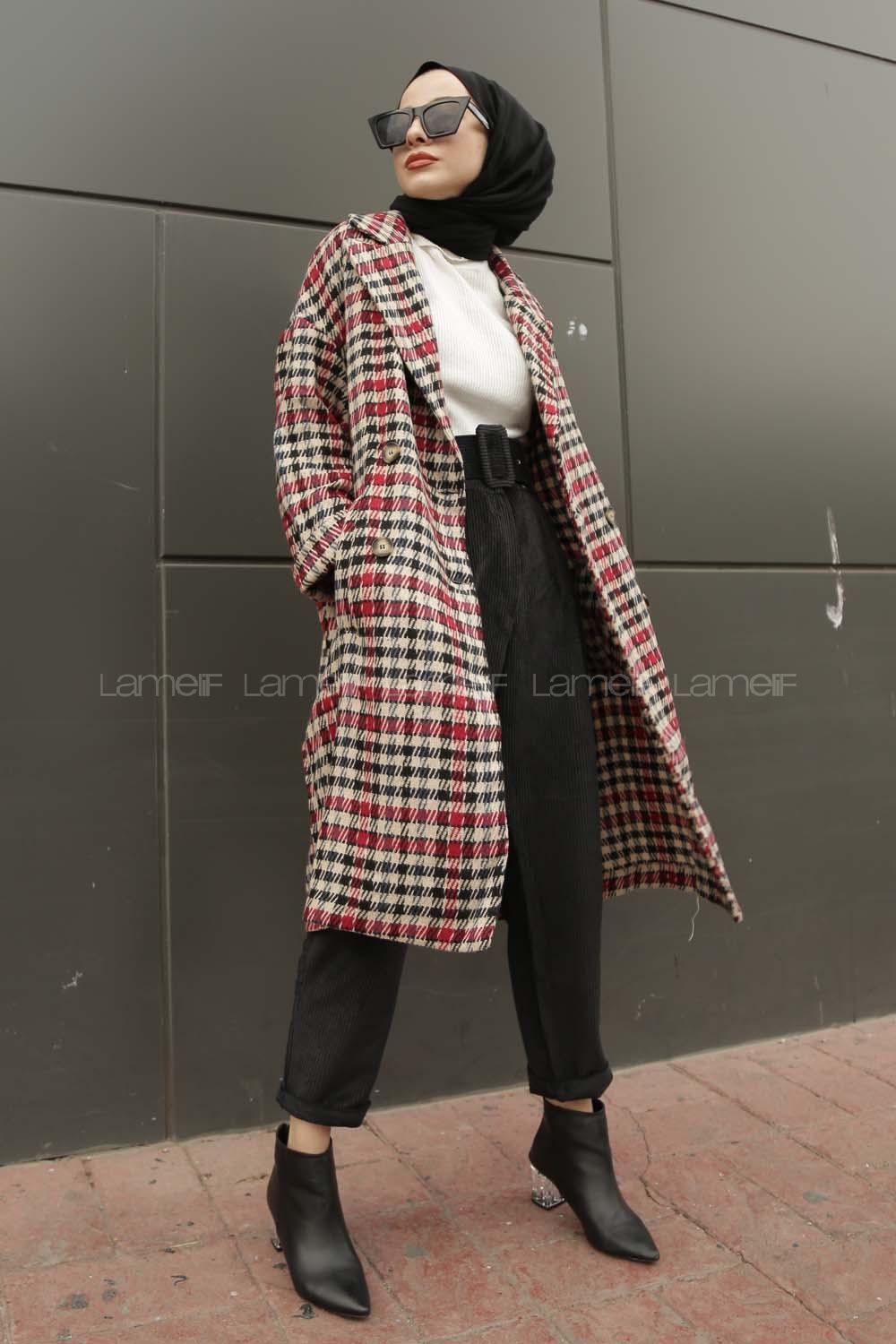 Modalamelif  Çift Cepli Önü Düğmeli  Ekose Kaban İndigo