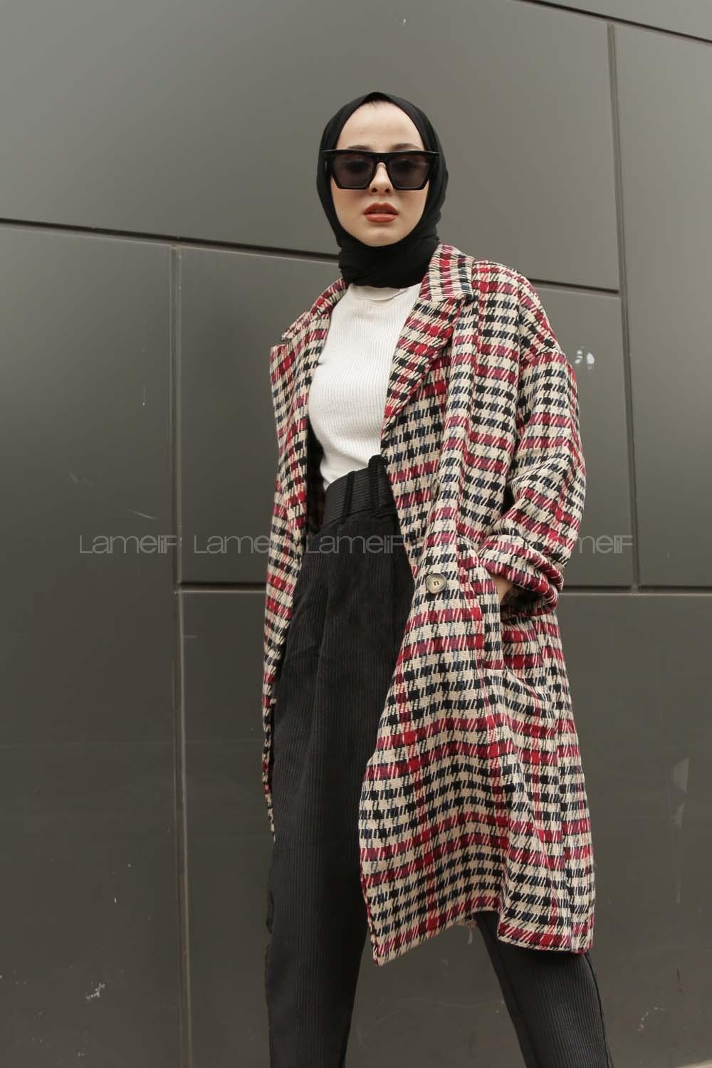 Modalamelif  Çift Cepli Önü Düğmeli  Ekose Kaban İndigo