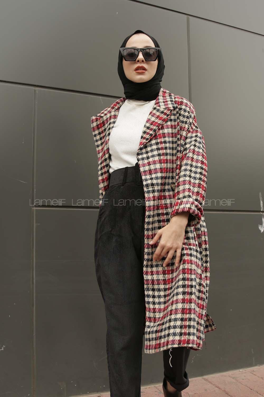 Modalamelif  Çift Cepli Önü Düğmeli  Ekose Kaban İndigo