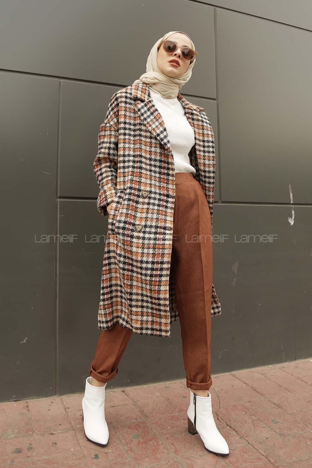 Modalamelif  Çift Cepli Önü Düğmeli  Ekose Kaban Sütlü Kahve