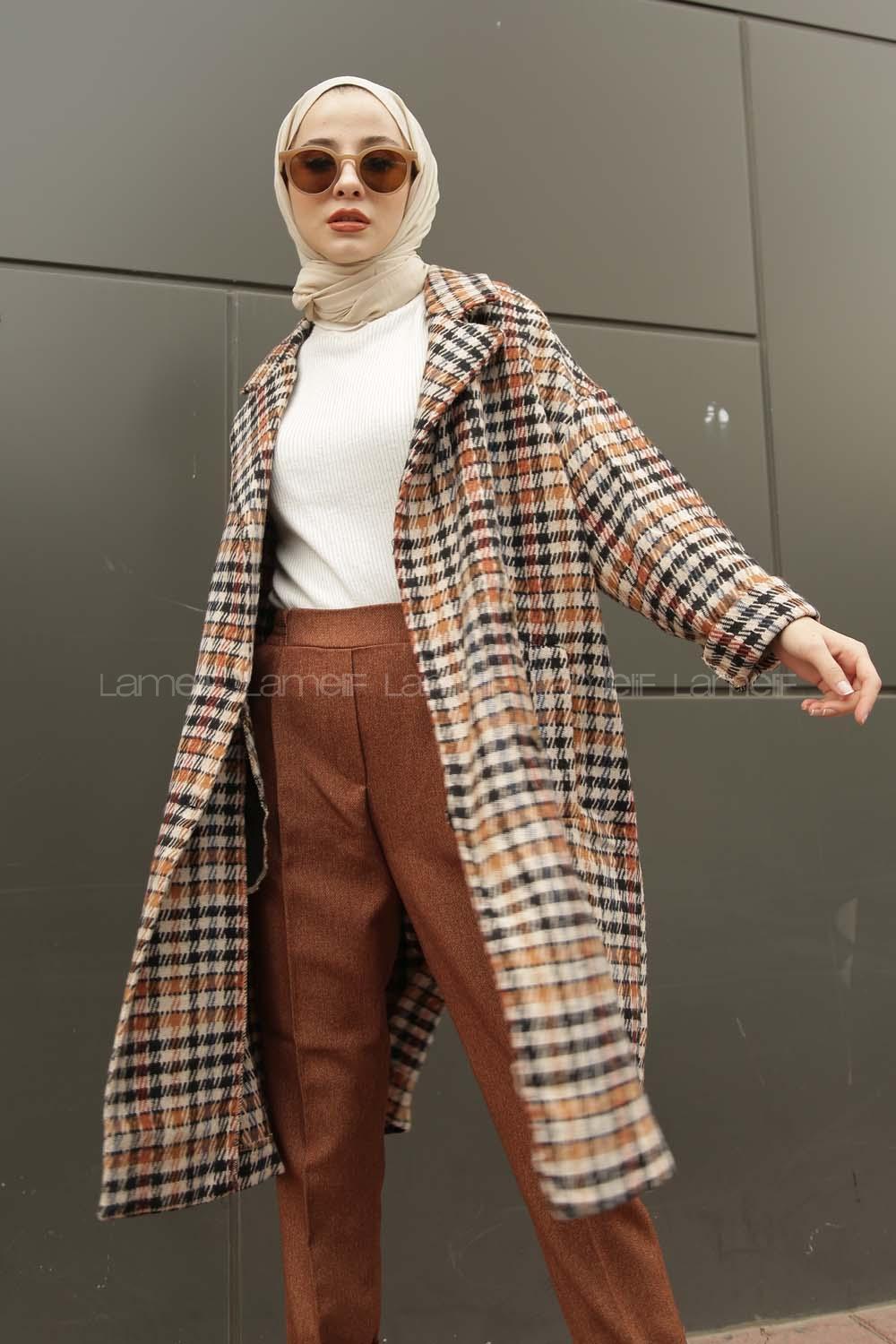 Modalamelif  Çift Cepli Önü Düğmeli  Ekose Kaban Sütlü Kahve