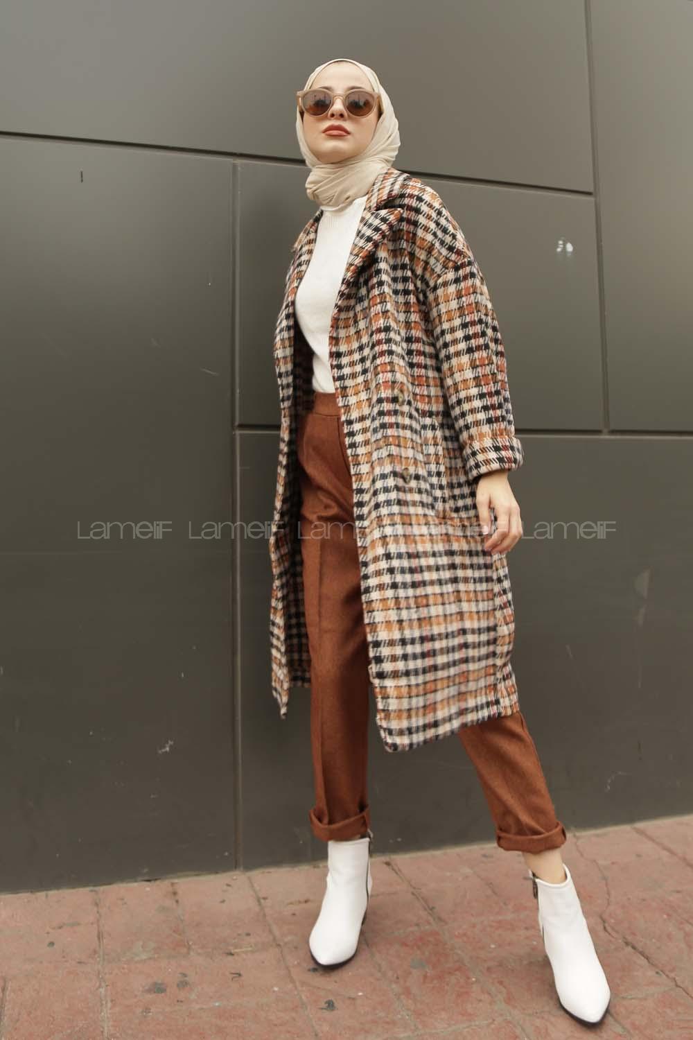 Modalamelif  Çift Cepli Önü Düğmeli  Ekose Kaban Sütlü Kahve