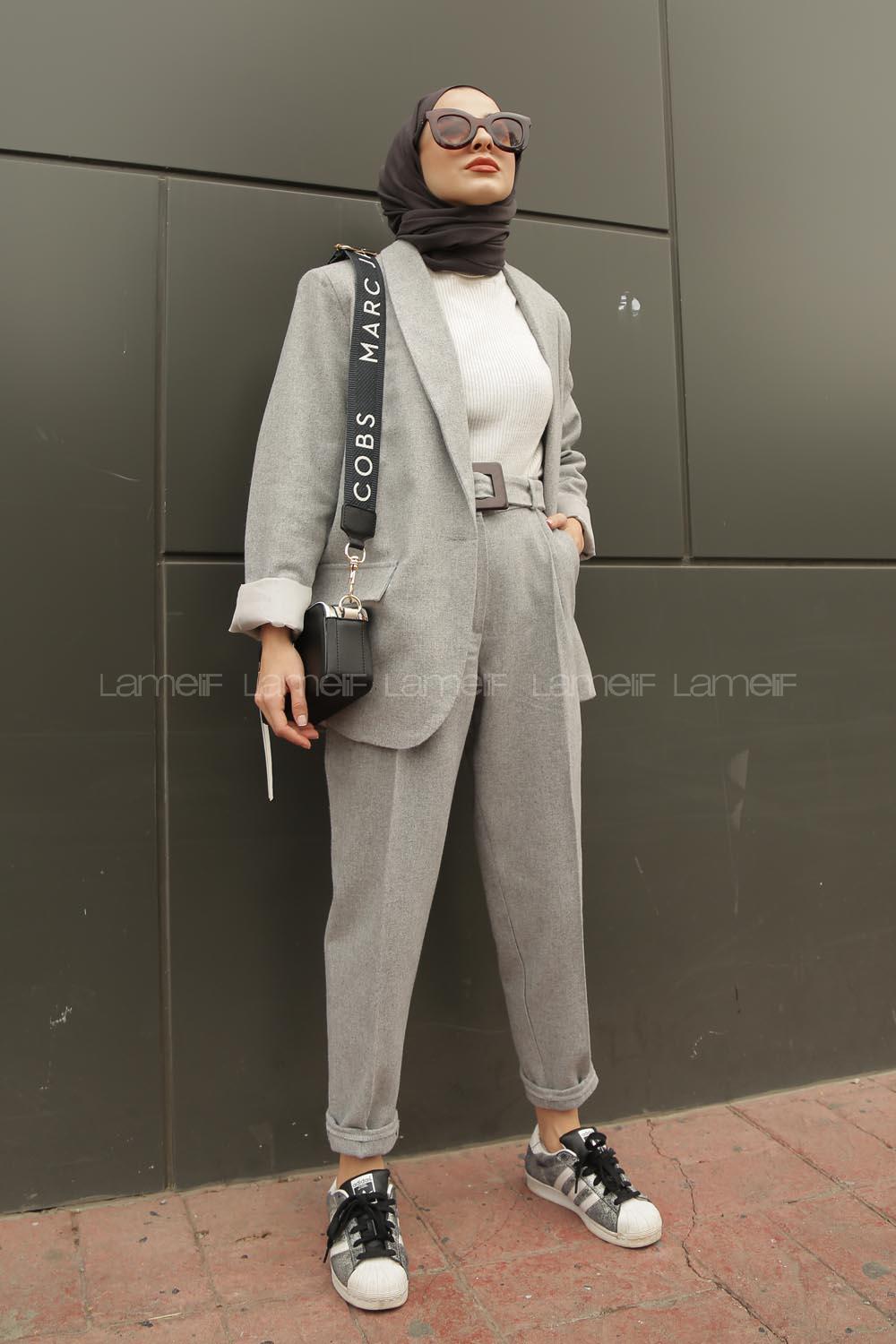 Modalamelif Kemerli Ceket İkili Takım Açık Gri