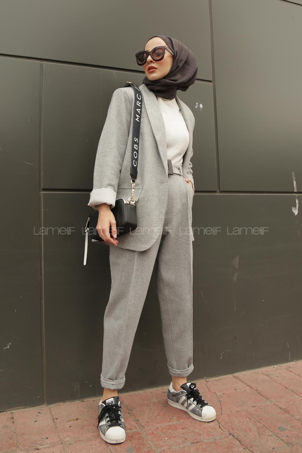 Modalamelif Kemerli Ceket İkili Takım Açık Gri