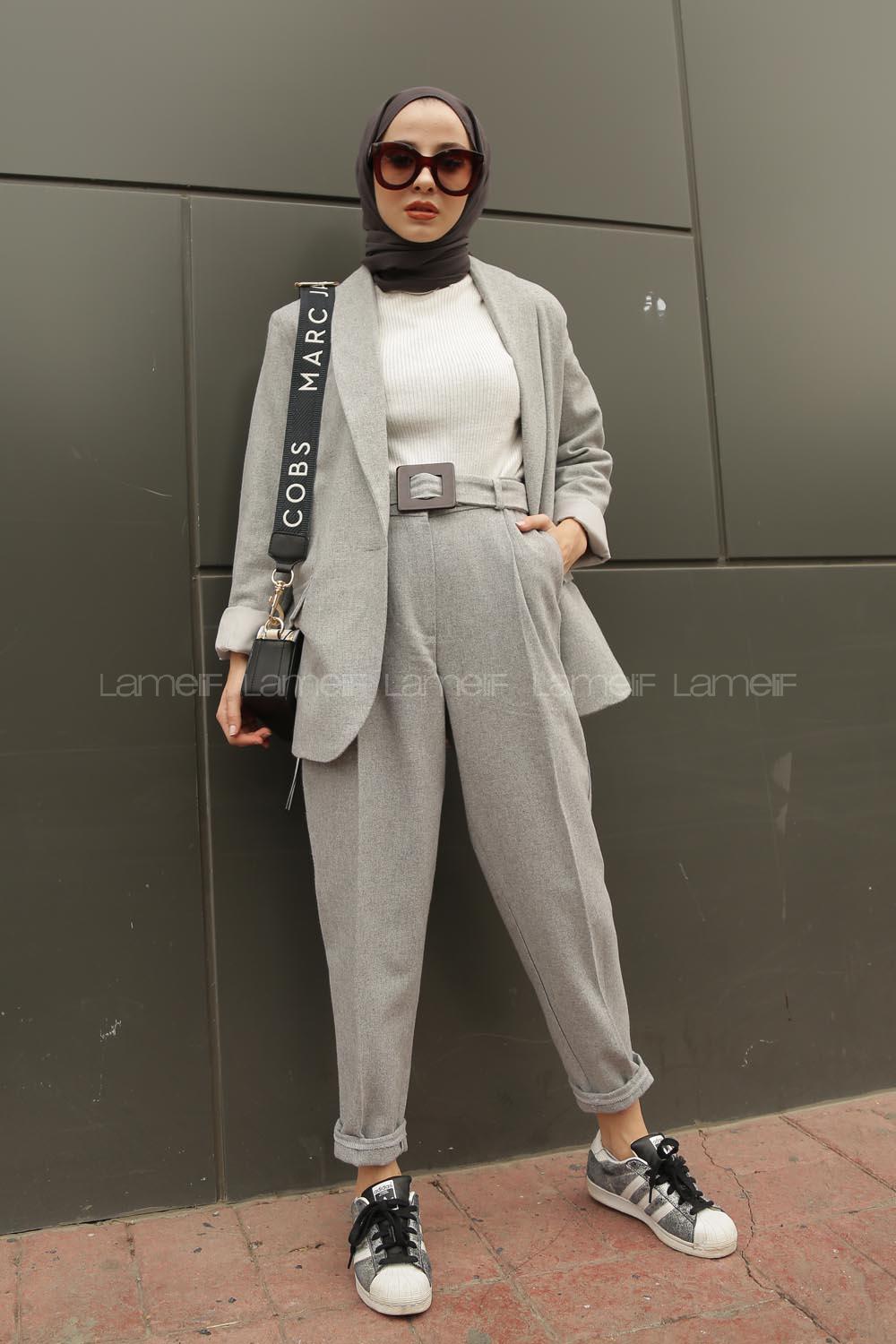 Modalamelif Kemerli Ceket İkili Takım Açık Gri