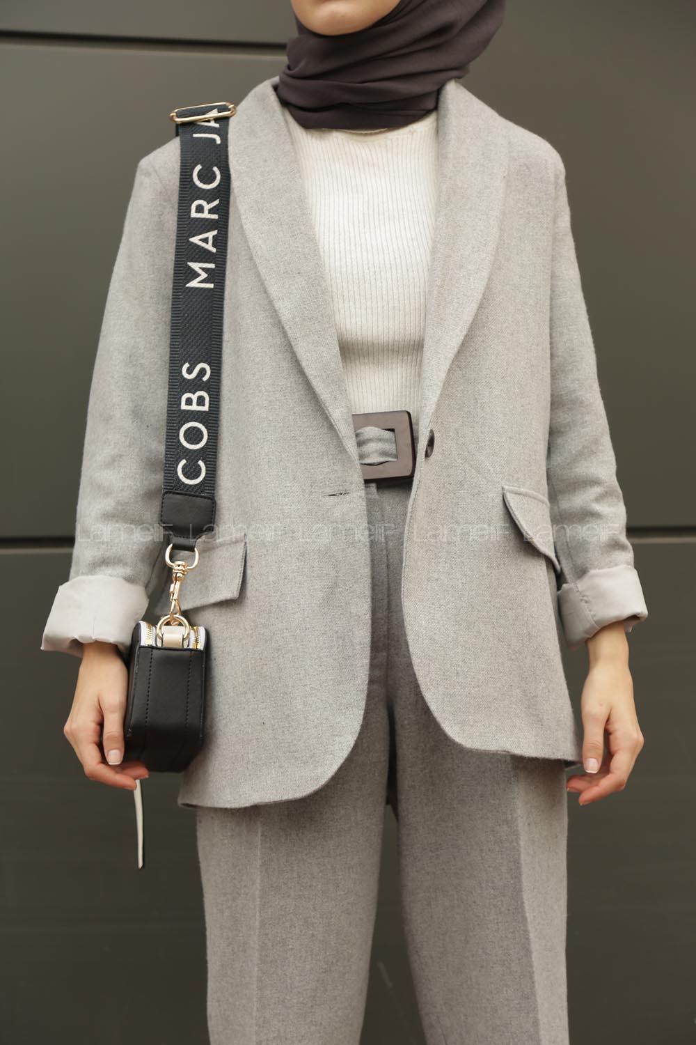 Modalamelif Kemerli Ceket İkili Takım Açık Gri