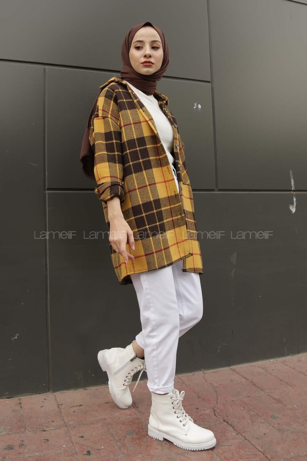 Modalamelif Tek Cepli Uzun  Ekose Gömlek  Hardal Sarısı