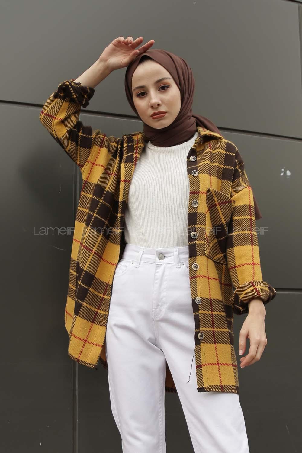 Modalamelif Tek Cepli Uzun  Ekose Gömlek  Hardal Sarısı