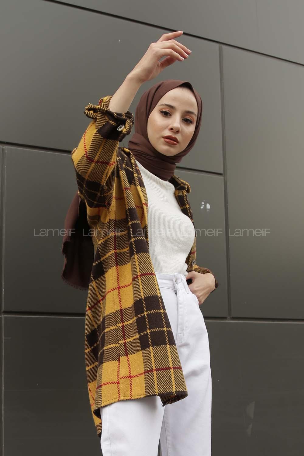 Modalamelif Tek Cepli Uzun  Ekose Gömlek  Hardal Sarısı