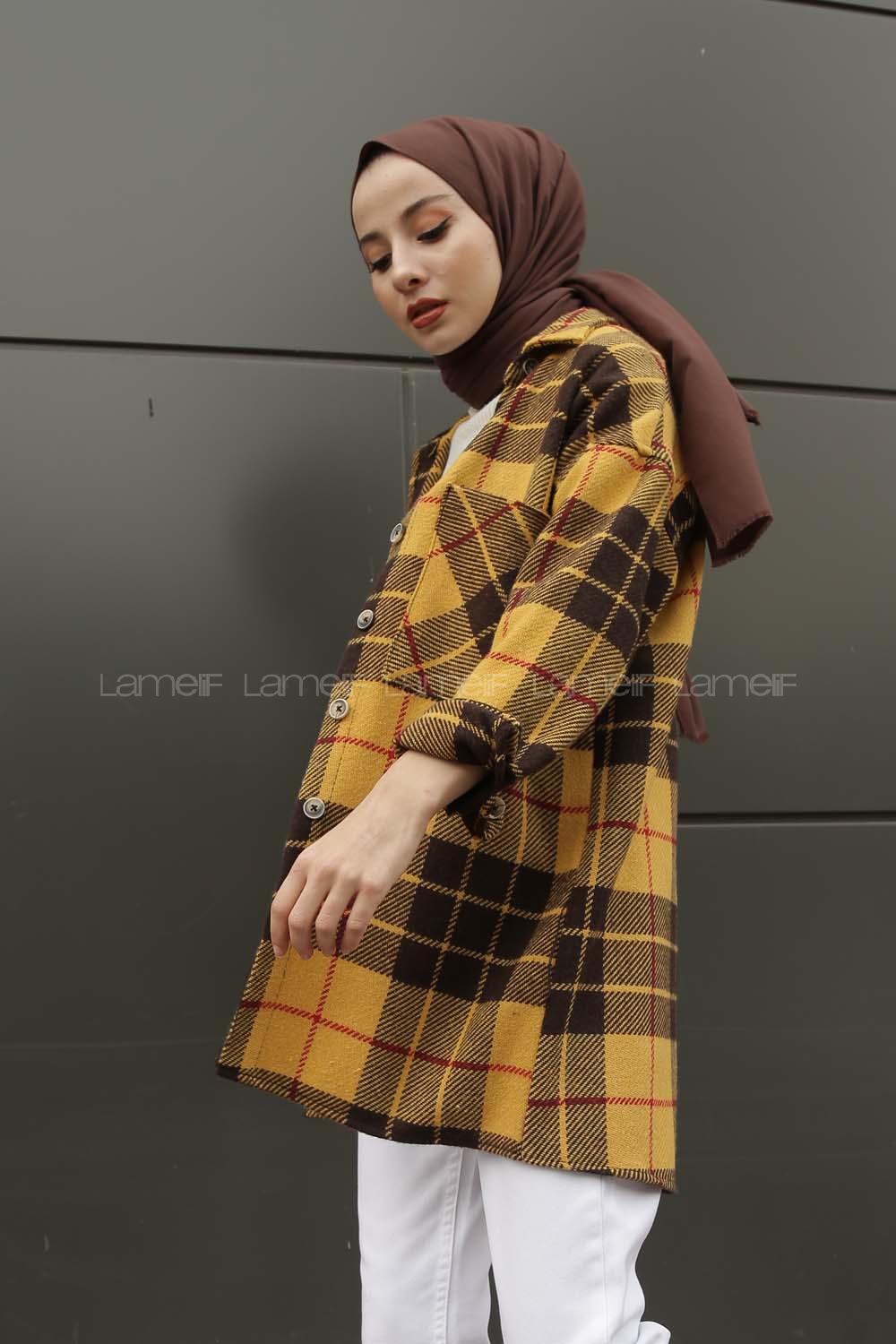 Modalamelif Tek Cepli Uzun  Ekose Gömlek  Hardal Sarısı